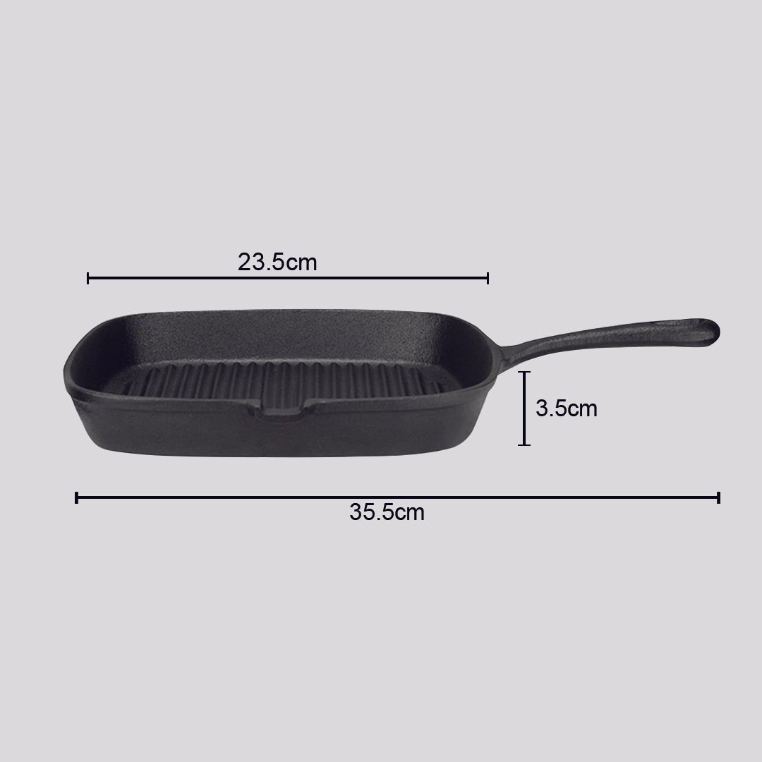 SOGA 23.5cm Square Ribbed Cast Iron Frying Pan Skillet Steak Sizzle Platter with Handle - Outdoorium