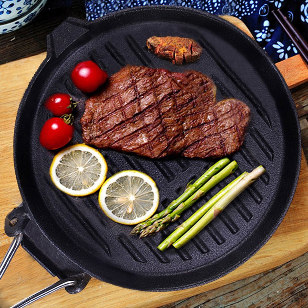 SOGA 24cm Round Ribbed Cast Iron Steak Frying Grill Skillet Pan with Folding Wooden Handle - Outdoorium