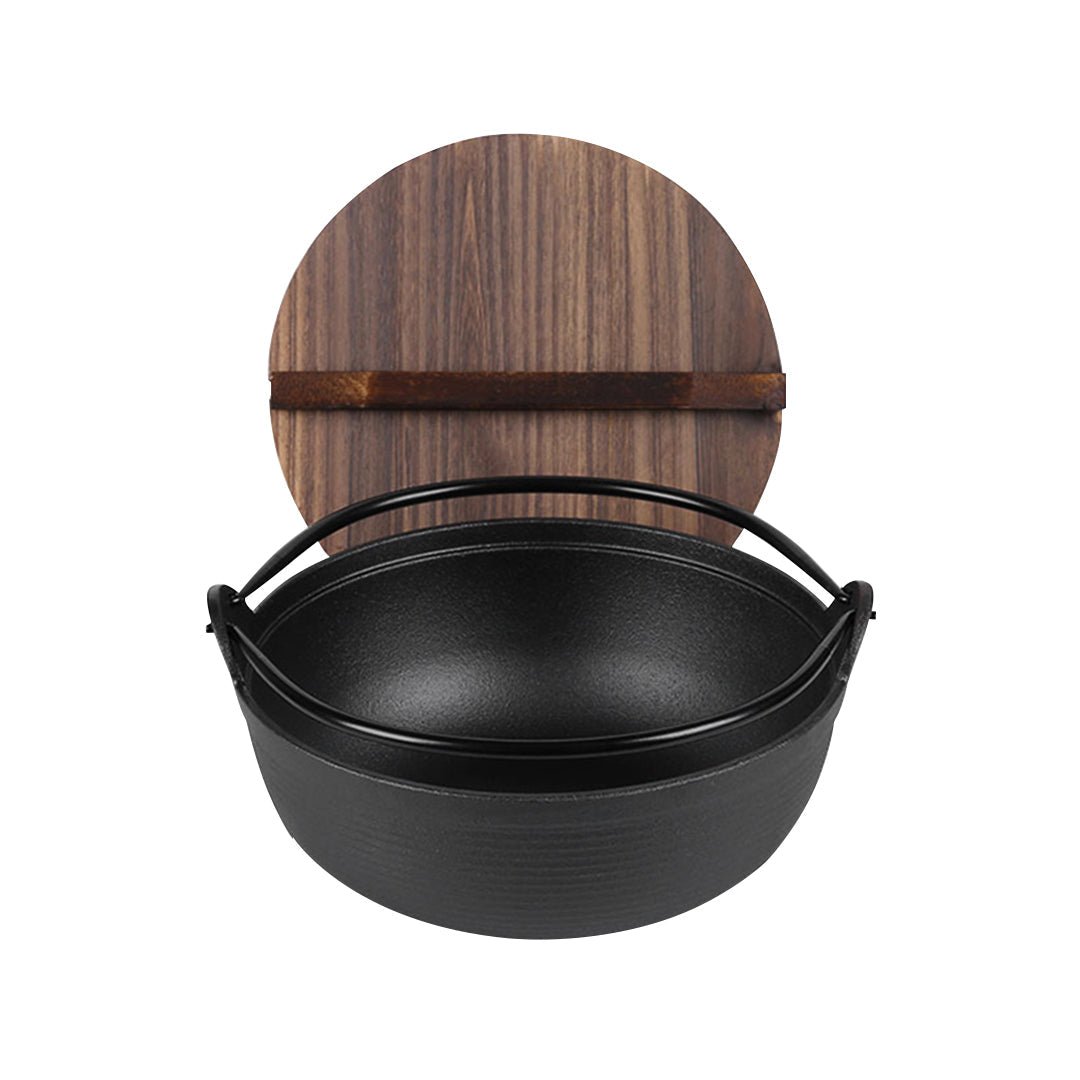 SOGA 25cm Cast Iron Japanese Style Sukiyaki Tetsu Nabe Shabu Hot Pot with Wooden Lid - Outdoorium
