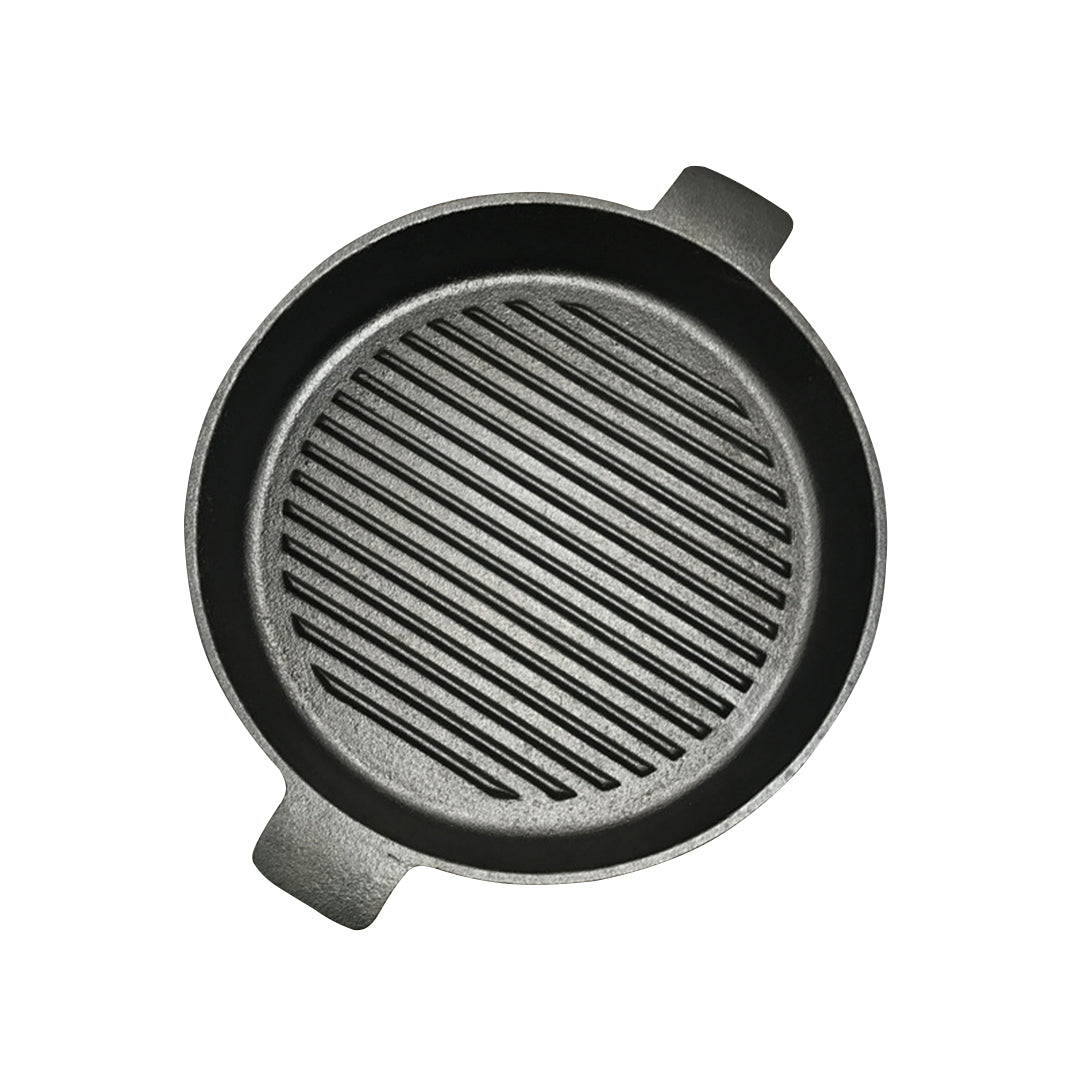 SOGA 25cm Round Ribbed Cast Iron Frying Pan Skillet Steak Sizzle Platter with Handle - Outdoorium