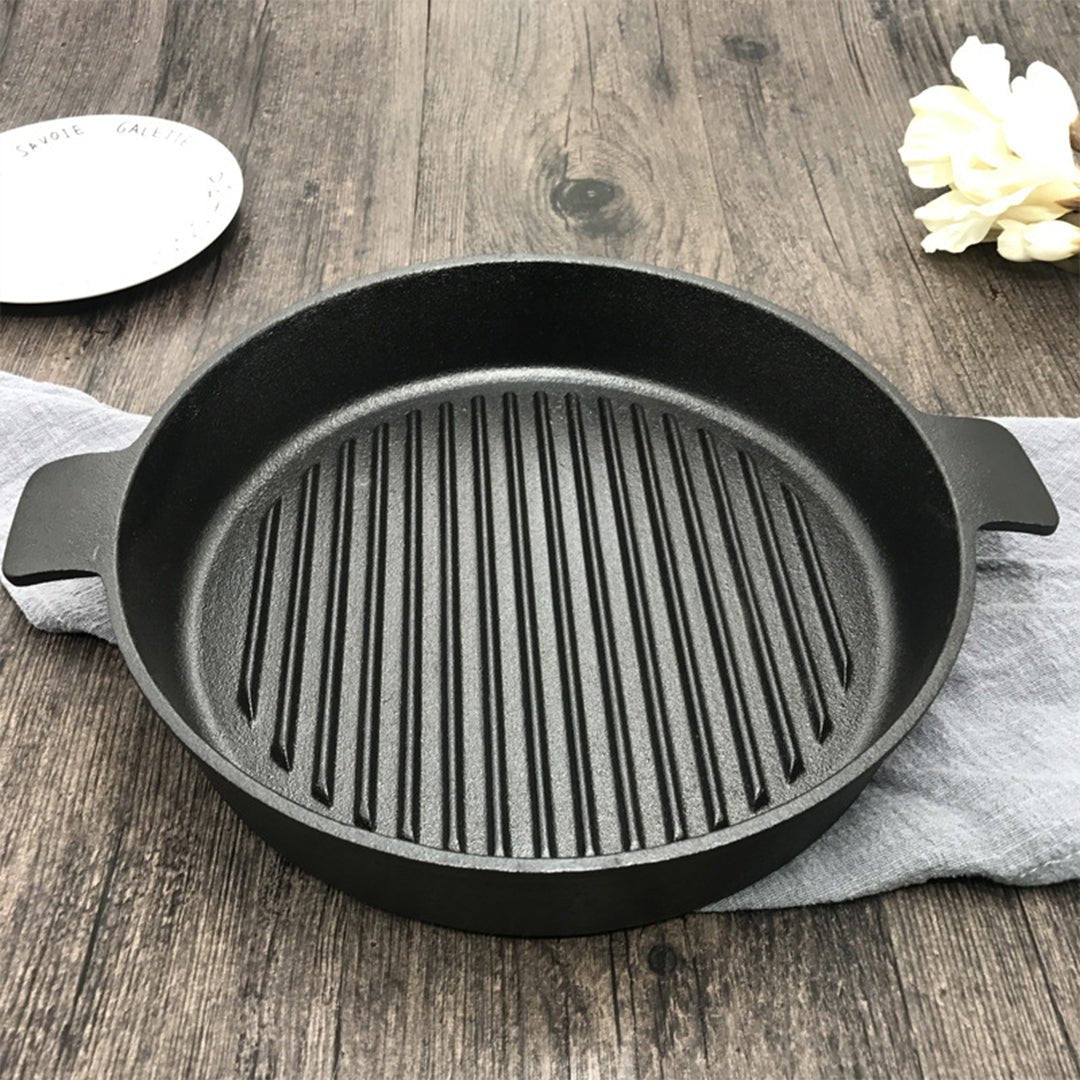 SOGA 25cm Round Ribbed Cast Iron Frying Pan Skillet Steak Sizzle Platter with Handle - Outdoorium