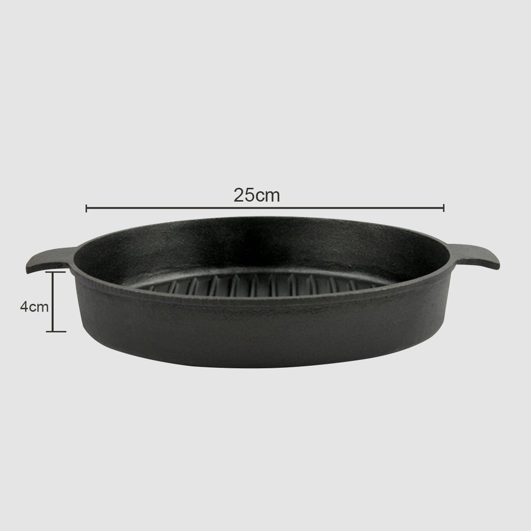 SOGA 25cm Round Ribbed Cast Iron Frying Pan Skillet Steak Sizzle Platter with Handle - Outdoorium