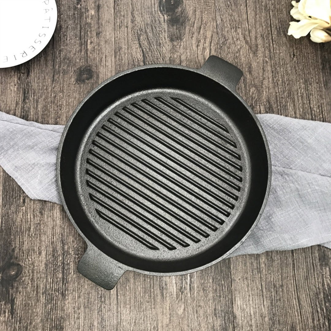 SOGA 25cm Round Ribbed Cast Iron Frying Pan Skillet Steak Sizzle Platter with Handle - Outdoorium