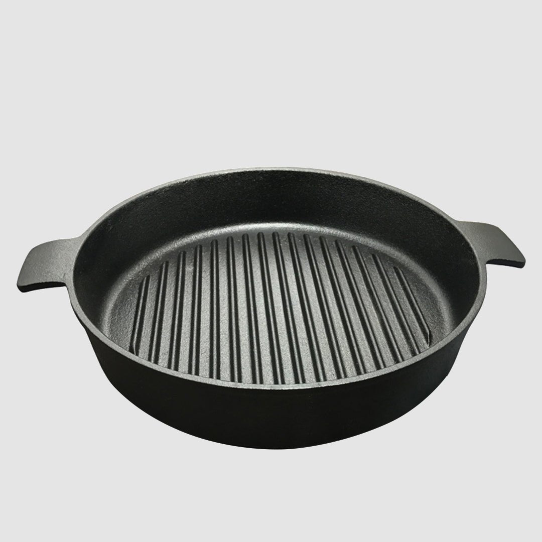 SOGA 26cm Round Ribbed Cast Iron Frying Pan Skillet Steak Sizzle Platter with Handle - Outdoorium