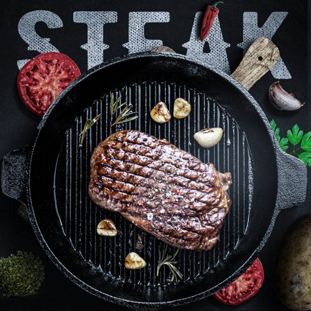 SOGA 26cm Round Ribbed Cast Iron Frying Pan Skillet Steak Sizzle Platter with Handle - Outdoorium