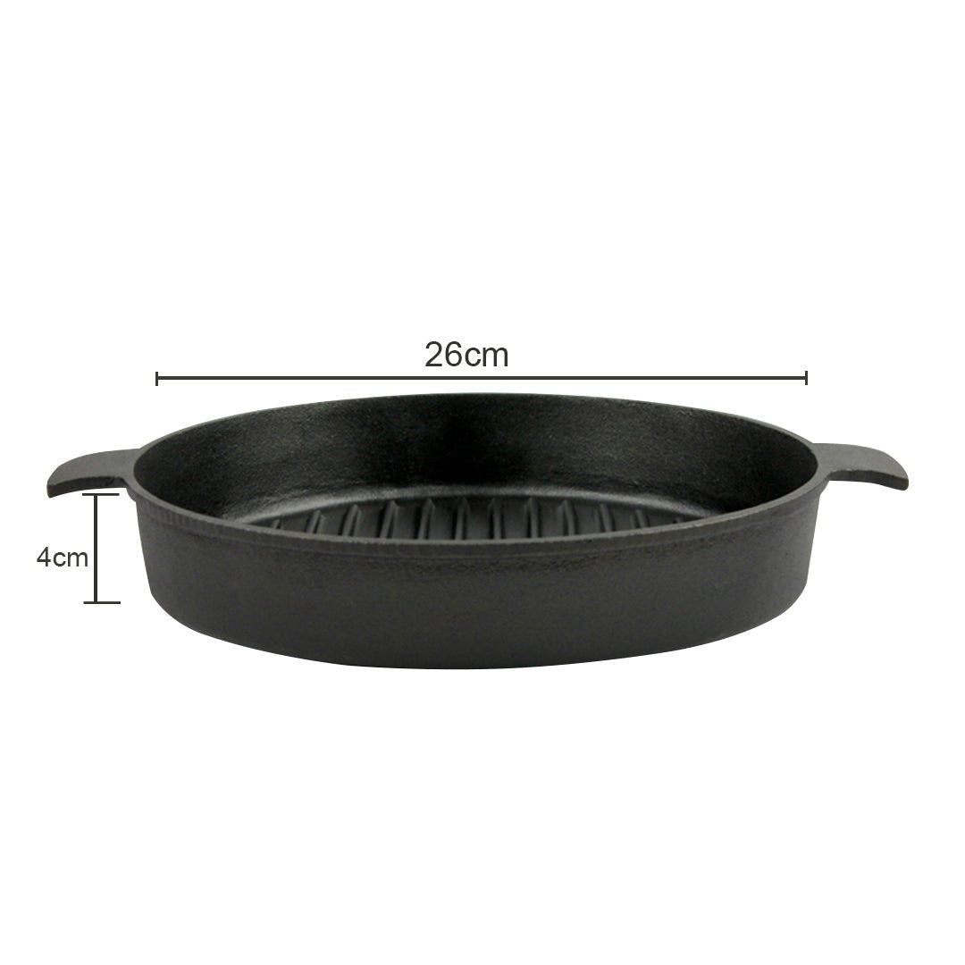 SOGA 26cm Round Ribbed Cast Iron Frying Pan Skillet Steak Sizzle Platter with Handle - Outdoorium