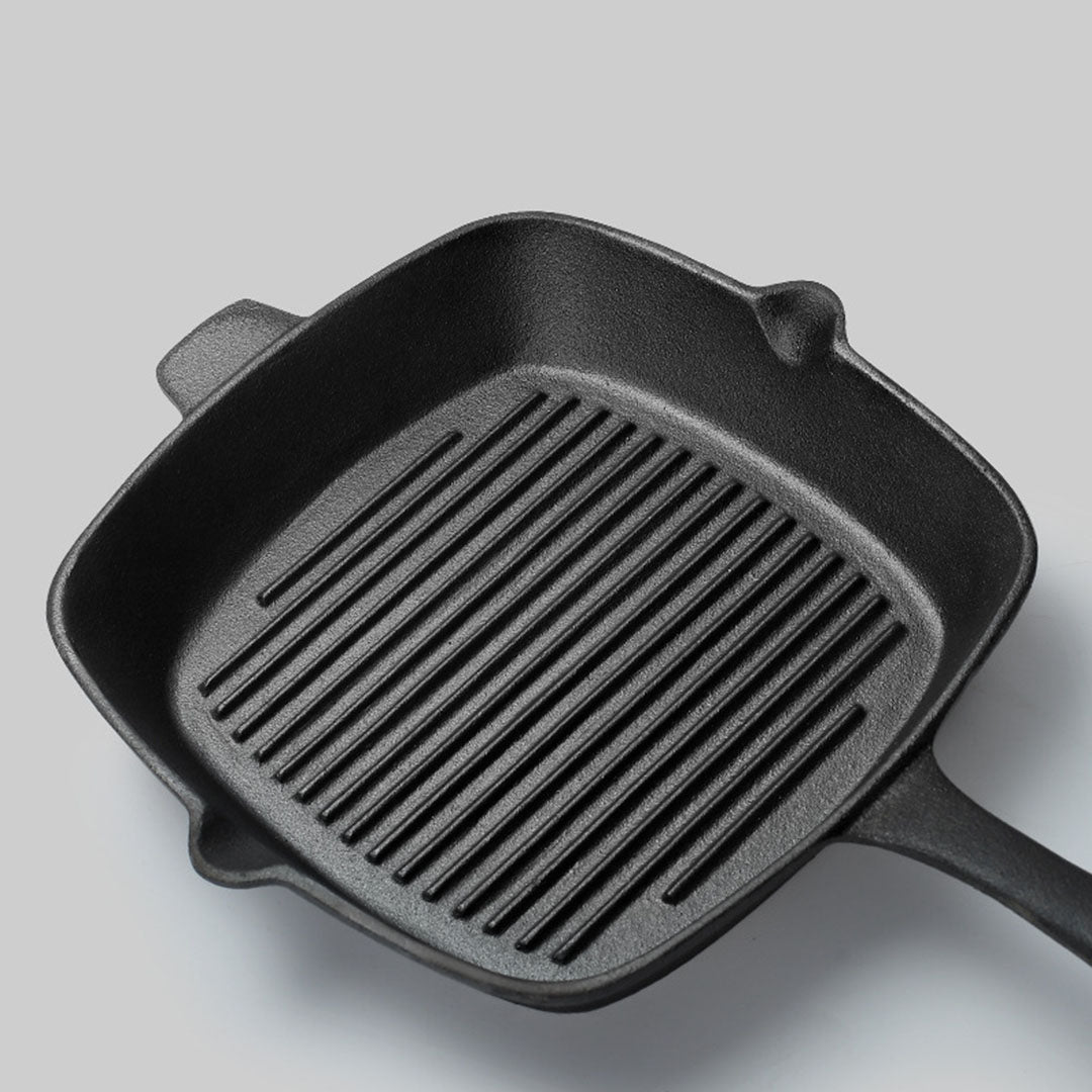 SOGA 26cm Square Ribbed Cast Iron Frying Pan Skillet Steak Sizzle Platter with Handle - Outdoorium
