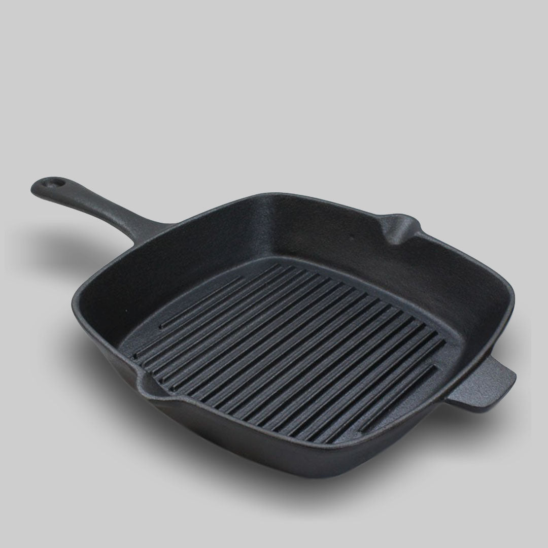 SOGA 26cm Square Ribbed Cast Iron Frying Pan Skillet Steak Sizzle Platter with Handle - Outdoorium