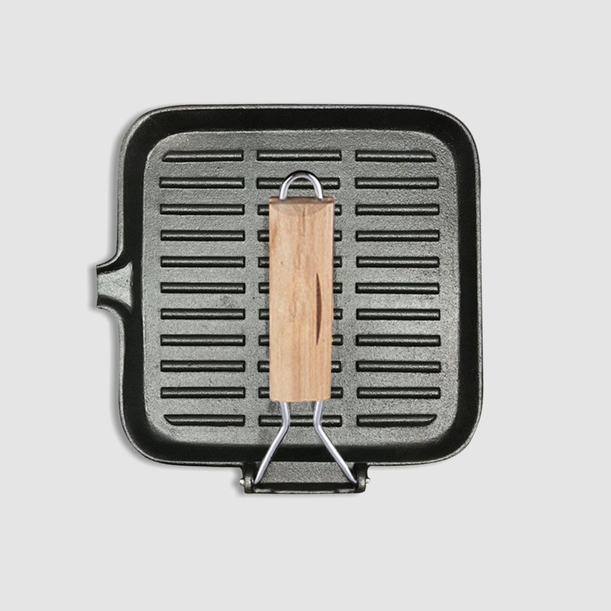 SOGA 28cm Ribbed Cast Iron Square Steak Frying Grill Skillet Pan with Folding Wooden Handle - Outdoorium