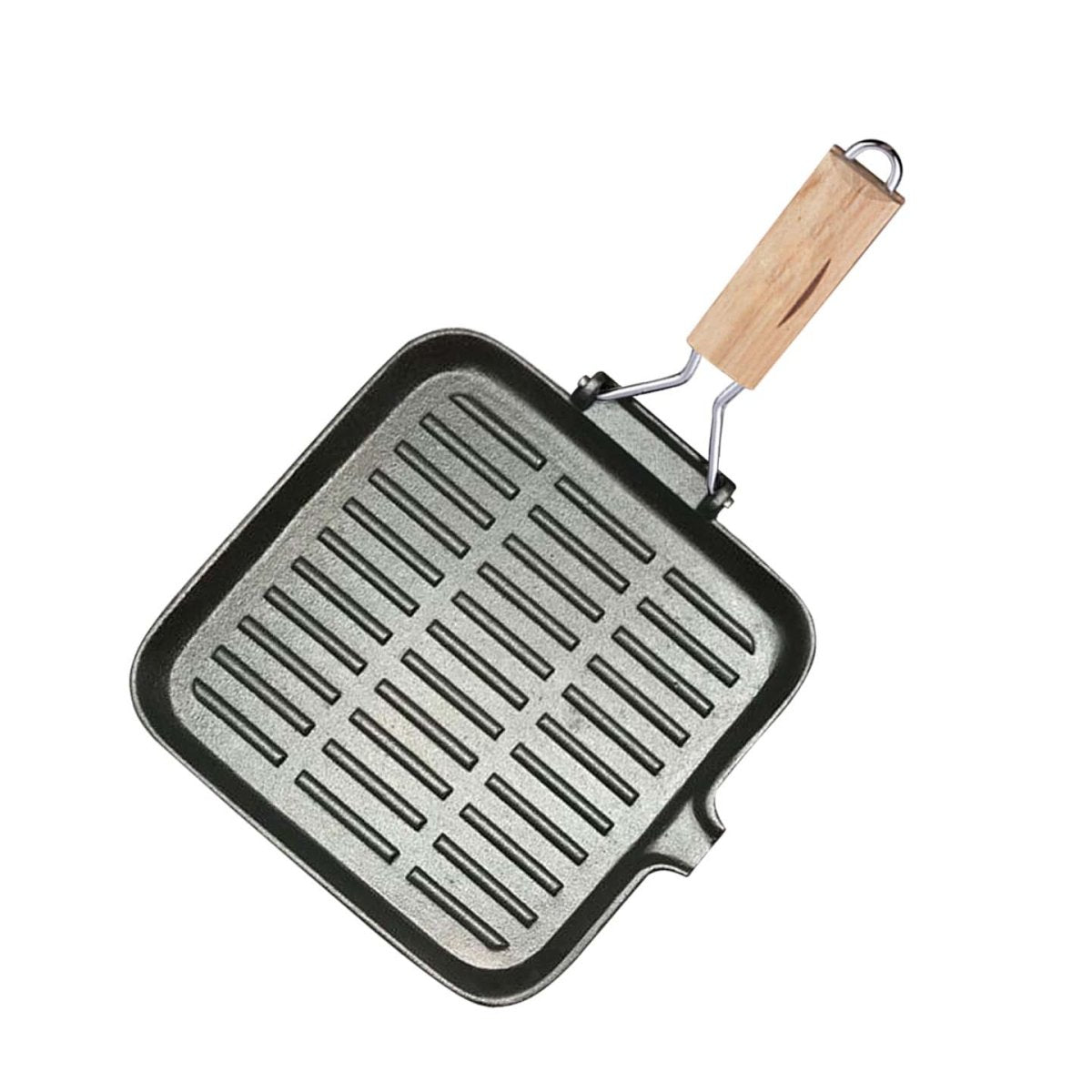 SOGA 28cm Ribbed Cast Iron Square Steak Frying Grill Skillet Pan with Folding Wooden Handle - Outdoorium