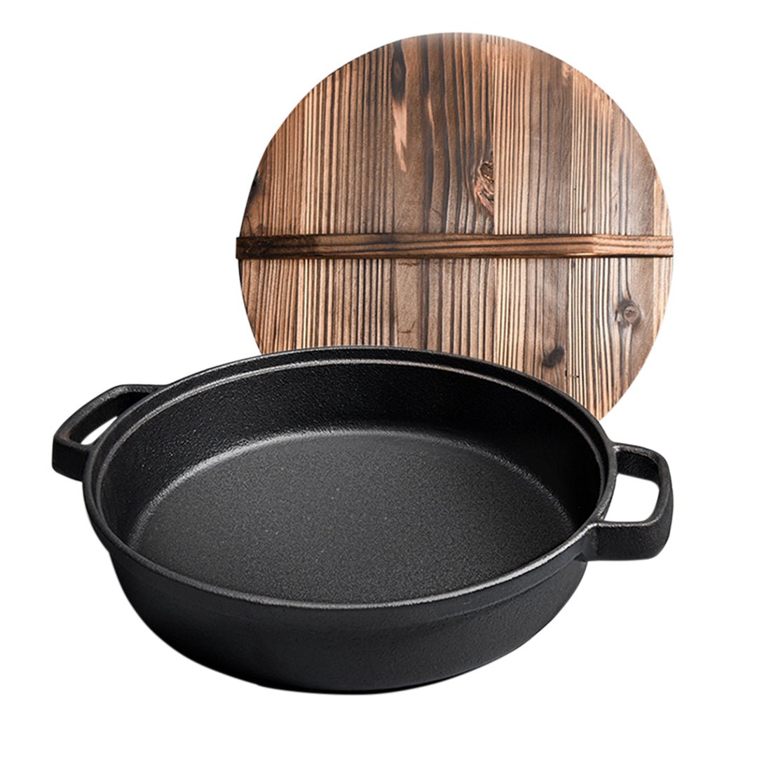 SOGA 29cm Round Cast Iron Pre-seasoned Deep Baking Pizza Frying Pan Skillet with Wooden Lid - Outdoorium