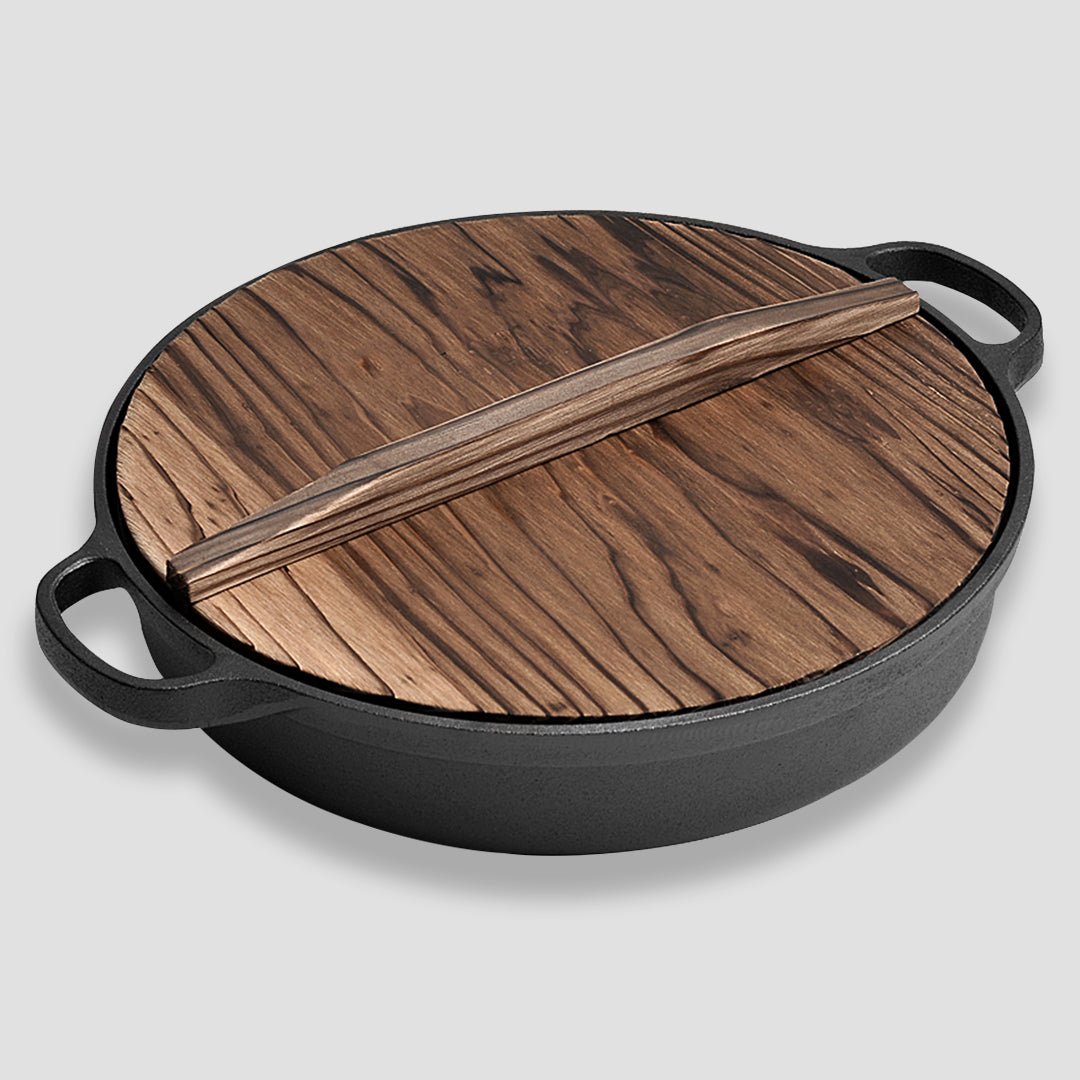 SOGA 29cm Round Cast Iron Pre-seasoned Deep Baking Pizza Frying Pan Skillet with Wooden Lid - Outdoorium