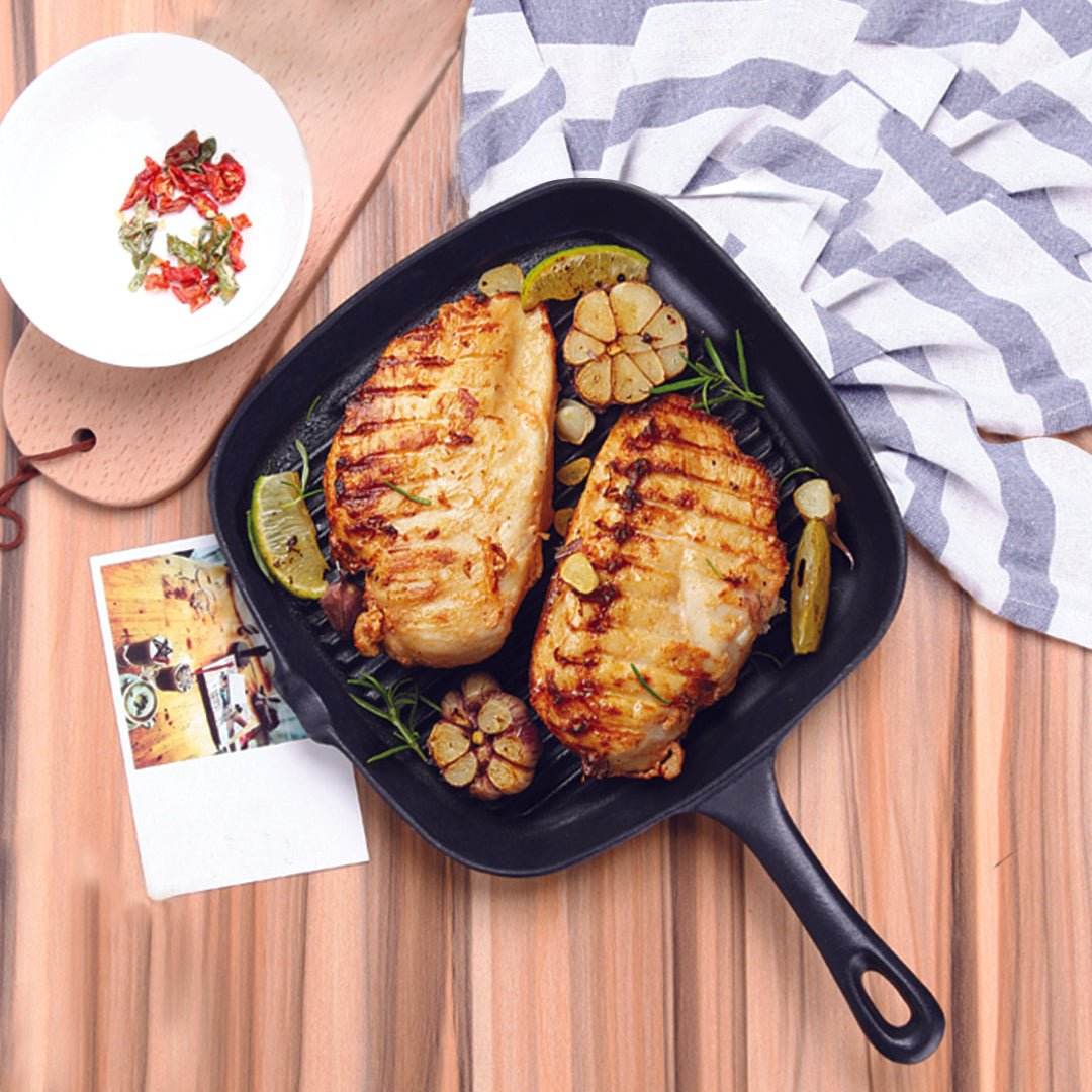 SOGA 2X 23.5cm Square Ribbed Cast Iron Frying Pan Skillet Steak Sizzle Platter with Handle - Outdoorium