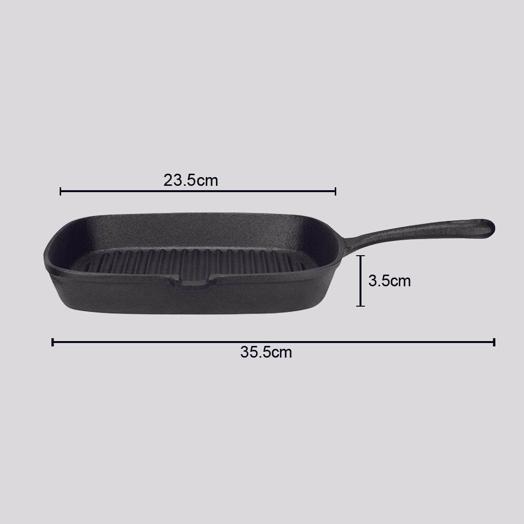 SOGA 2X 23.5cm Square Ribbed Cast Iron Frying Pan Skillet Steak Sizzle Platter with Handle - Outdoorium