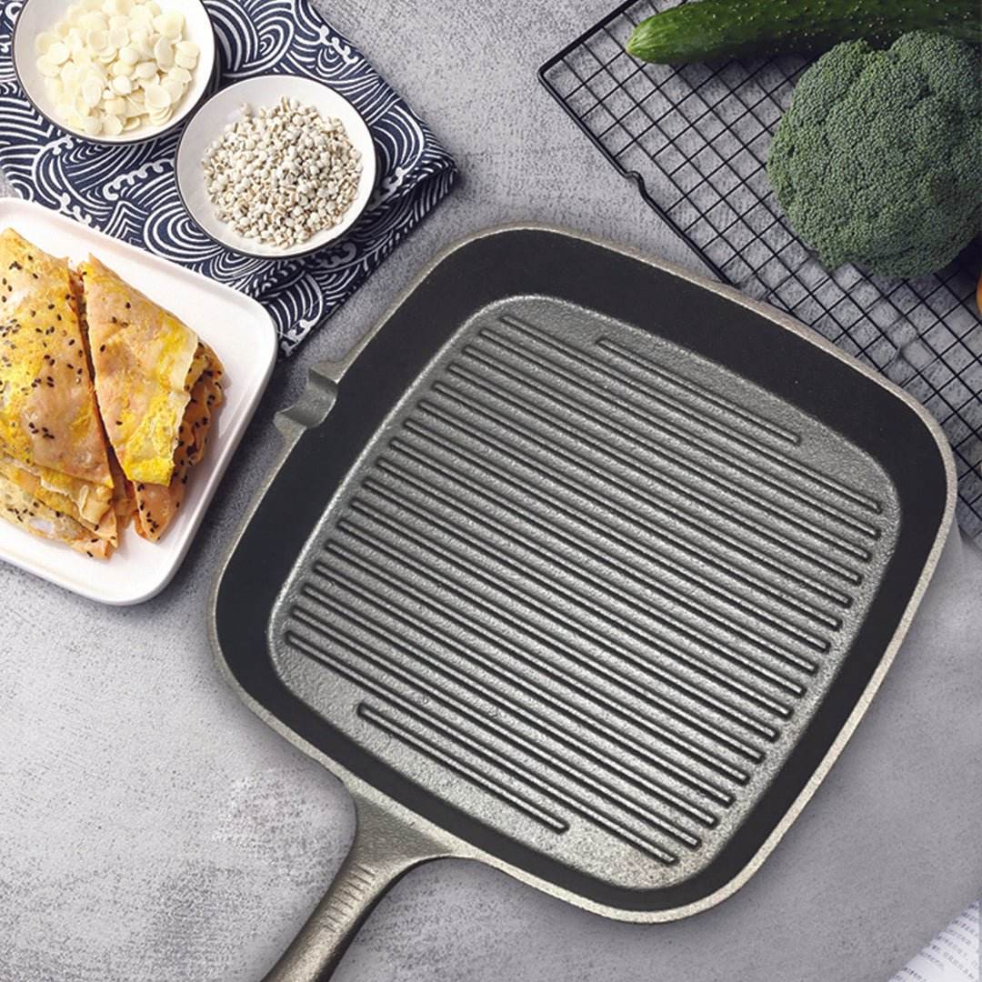 SOGA 2X 23.5cm Square Ribbed Cast Iron Frying Pan Skillet Steak Sizzle Platter with Handle - Outdoorium