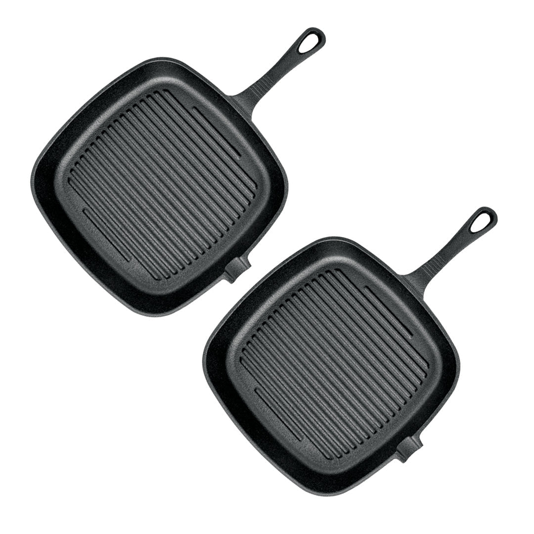 SOGA 2X 23.5cm Square Ribbed Cast Iron Frying Pan Skillet Steak Sizzle Platter with Handle - Outdoorium
