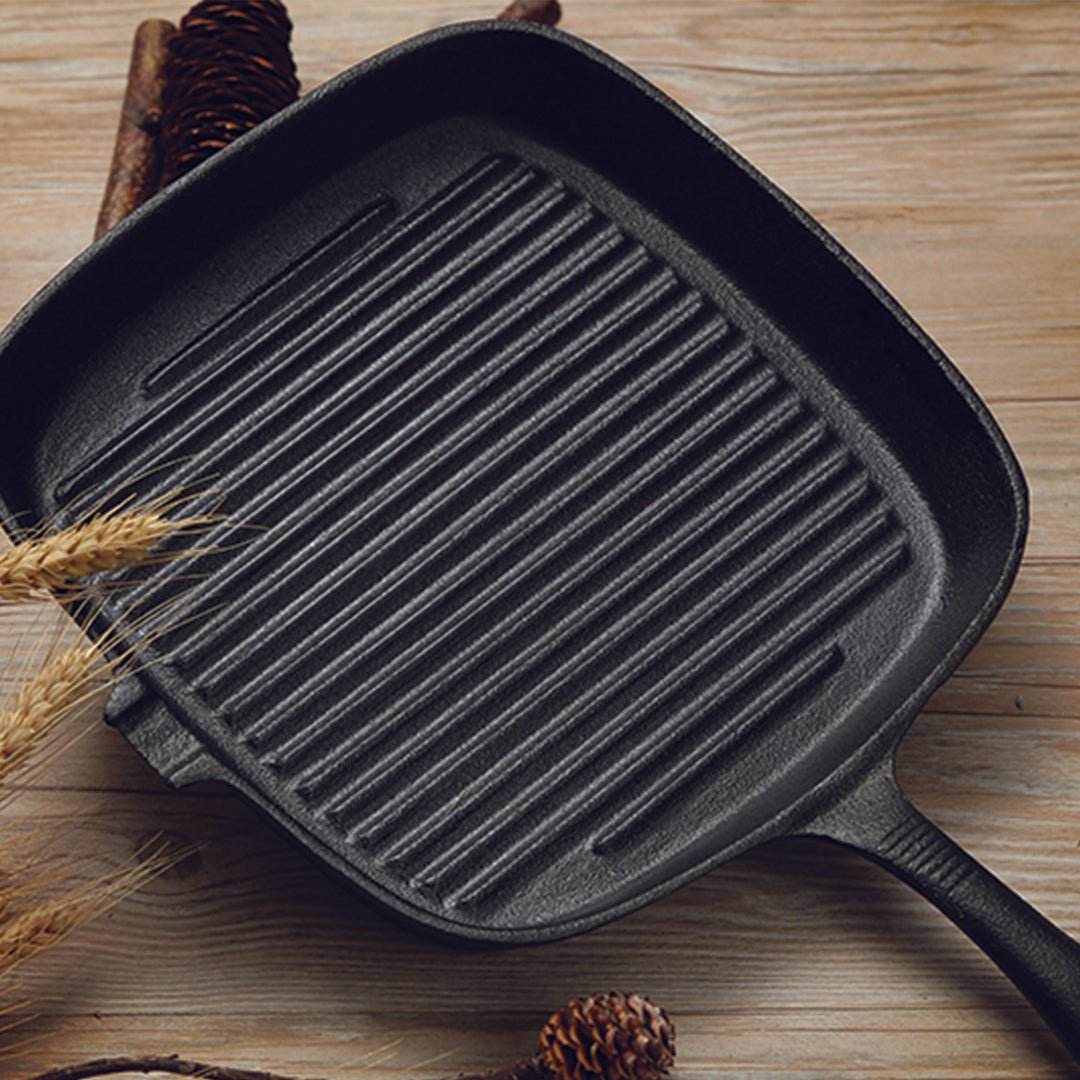 SOGA 2X 23.5cm Square Ribbed Cast Iron Frying Pan Skillet Steak Sizzle Platter with Handle - Outdoorium