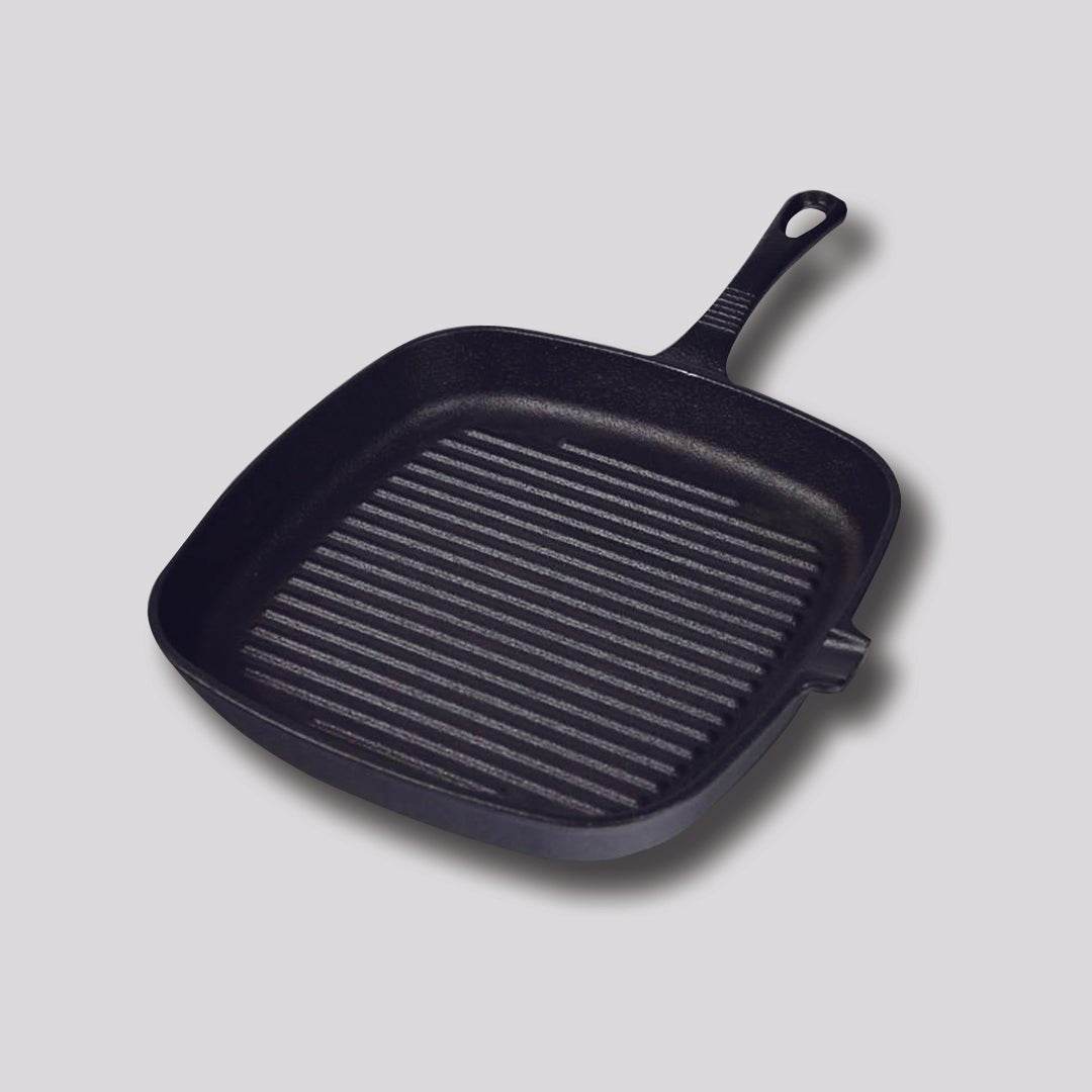 SOGA 2X 23.5cm Square Ribbed Cast Iron Frying Pan Skillet Steak Sizzle Platter with Handle - Outdoorium