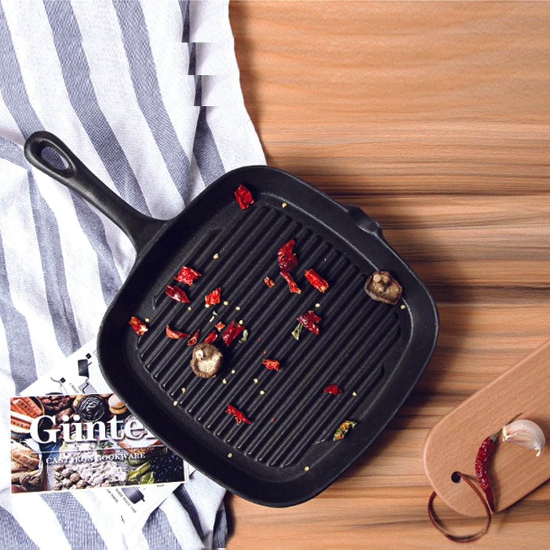 SOGA 2X 23.5cm Square Ribbed Cast Iron Frying Pan Skillet Steak Sizzle Platter with Handle - Outdoorium