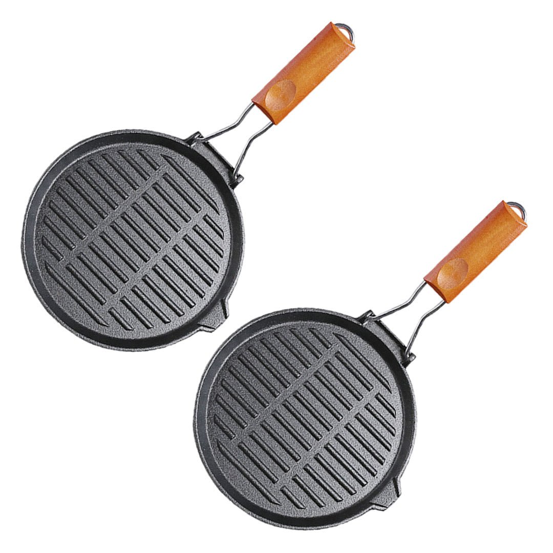 SOGA 2X 24cm Round Ribbed Cast Iron Steak Frying Grill Skillet Pan with Folding Wooden Handle - Outdoorium