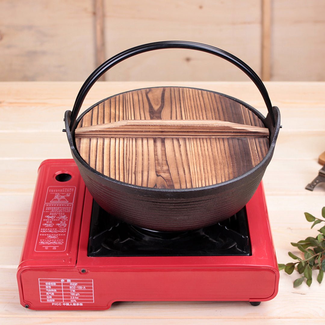 SOGA 2X 25cm Cast Iron Japanese Style Sukiyaki Tetsu Nabe Shabu Hot Pot with Wooden Lid - Outdoorium