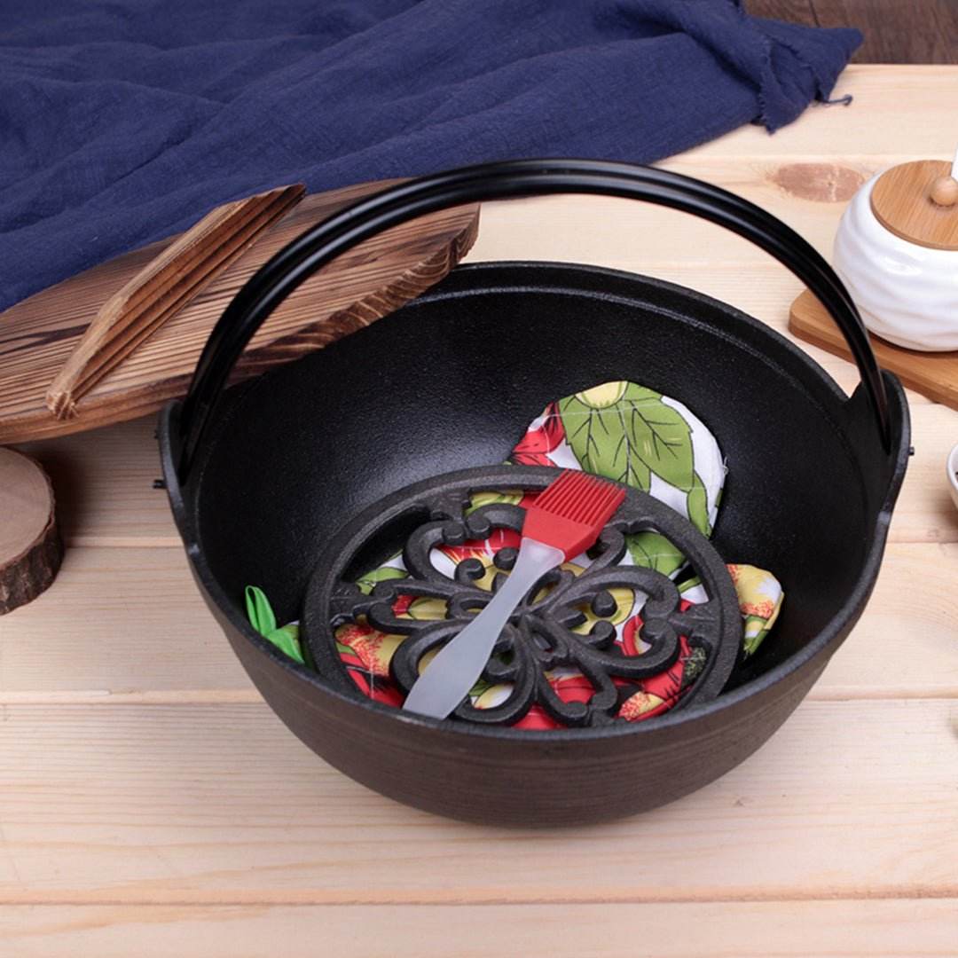 SOGA 2X 25cm Cast Iron Japanese Style Sukiyaki Tetsu Nabe Shabu Hot Pot with Wooden Lid - Outdoorium