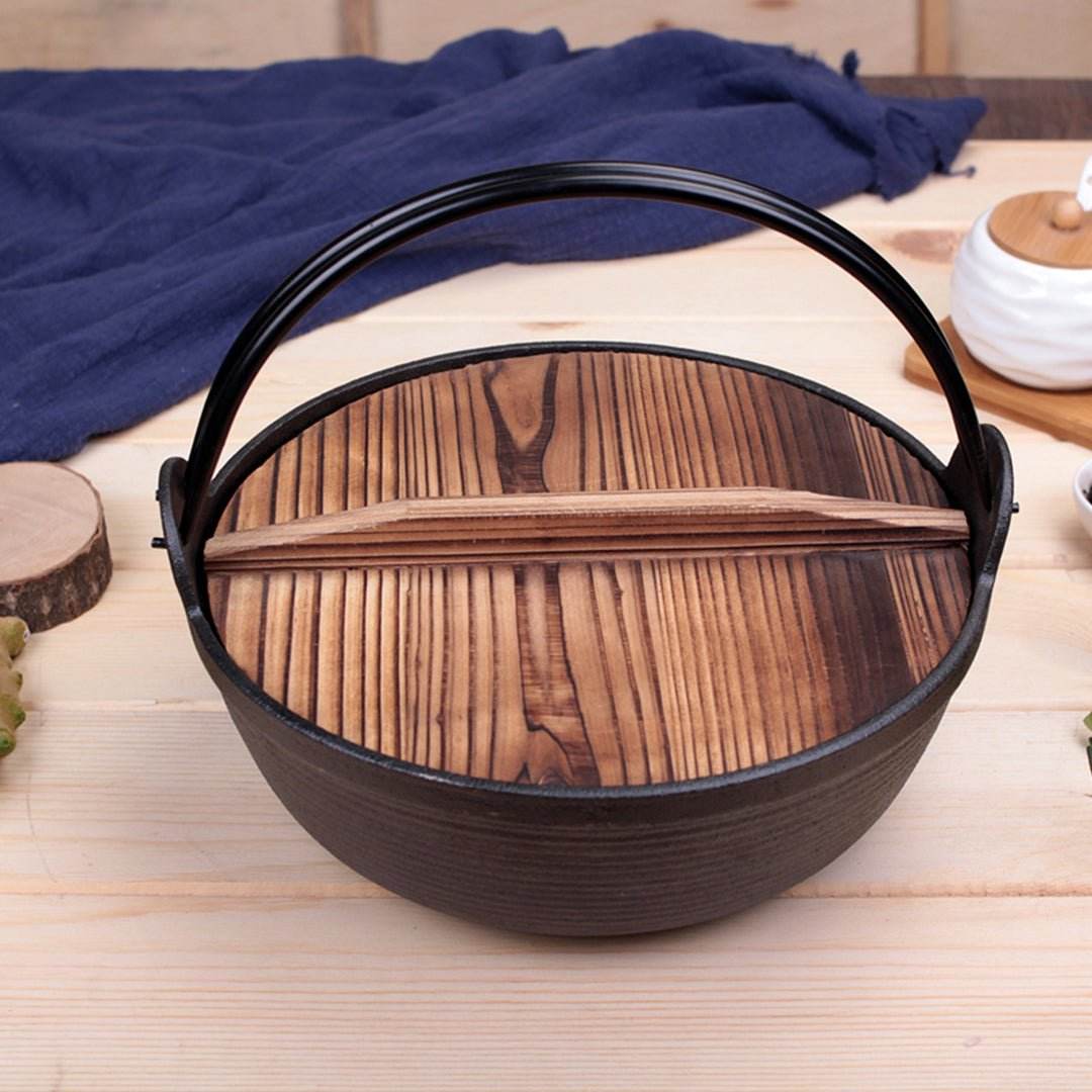 SOGA 2X 25cm Cast Iron Japanese Style Sukiyaki Tetsu Nabe Shabu Hot Pot with Wooden Lid - Outdoorium