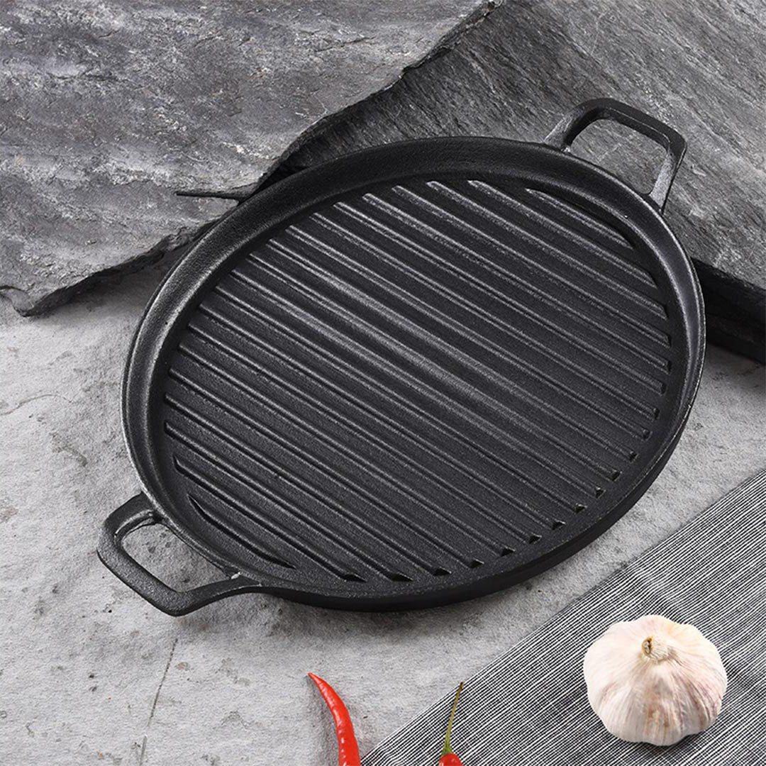 SOGA 2X 28cm Ribbed Cast Iron Frying Pan Skillet Coating Steak Sizzle Platter - Outdoorium