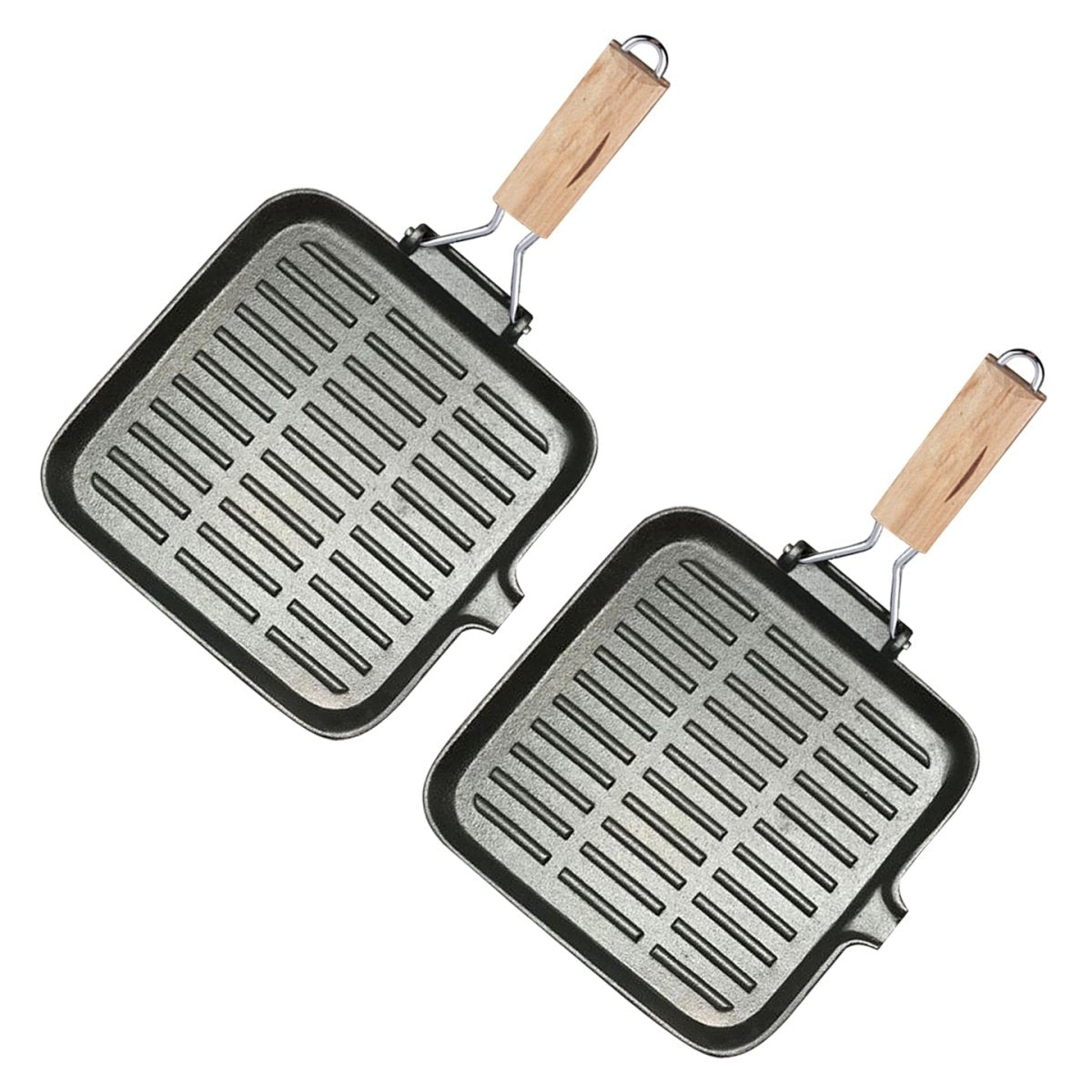 SOGA 2X 28cm Ribbed Cast Iron Square Steak Frying Grill Skillet Pan with Folding Wooden Handle - Outdoorium