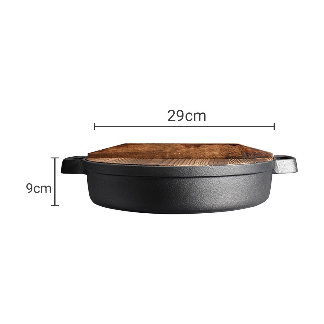 SOGA 2X 29cm Round Cast Iron Pre-seasoned Deep Baking Pizza Frying Pan Skillet with Wooden Lid - Outdoorium
