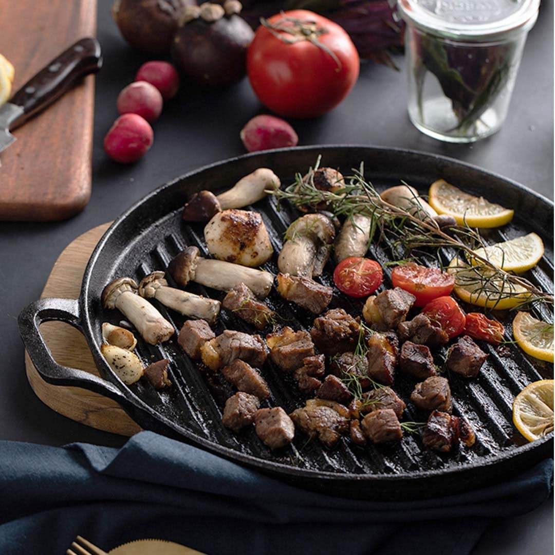 SOGA 2X 30cm Ribbed Cast Iron Frying Pan Skillet Steak Sizzle Platter - Outdoorium