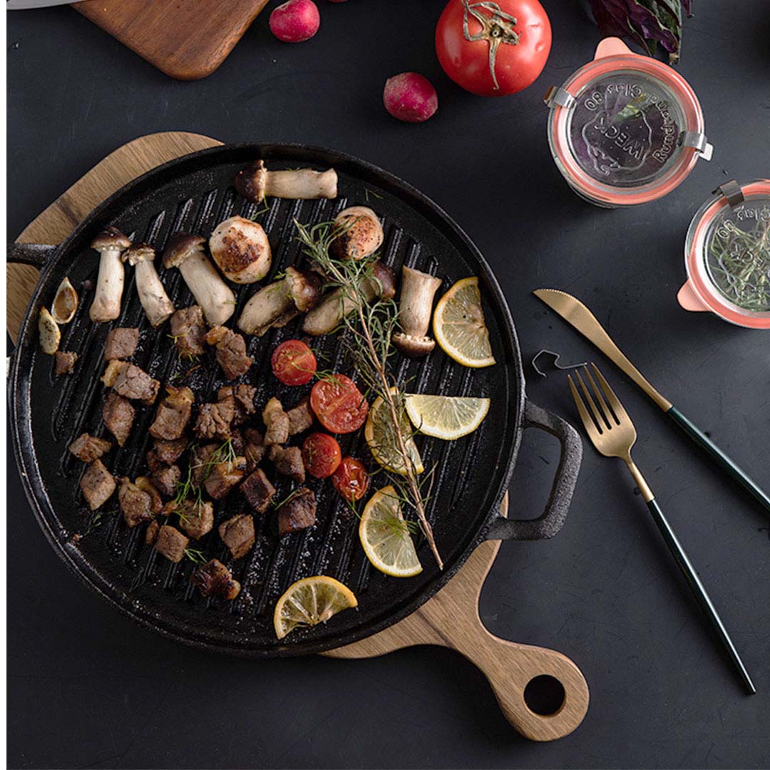 SOGA 2X 30cm Ribbed Cast Iron Frying Pan Skillet Steak Sizzle Platter - Outdoorium