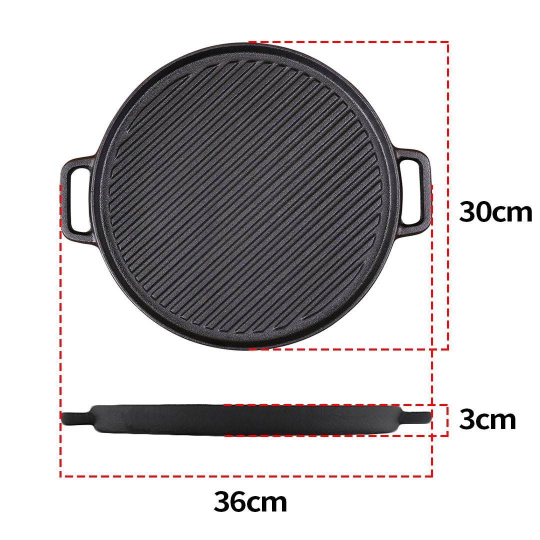SOGA 2X 30cm Round Cast Iron Ribbed BBQ Pan Skillet Steak Sizzle Platter with Handle - Outdoorium