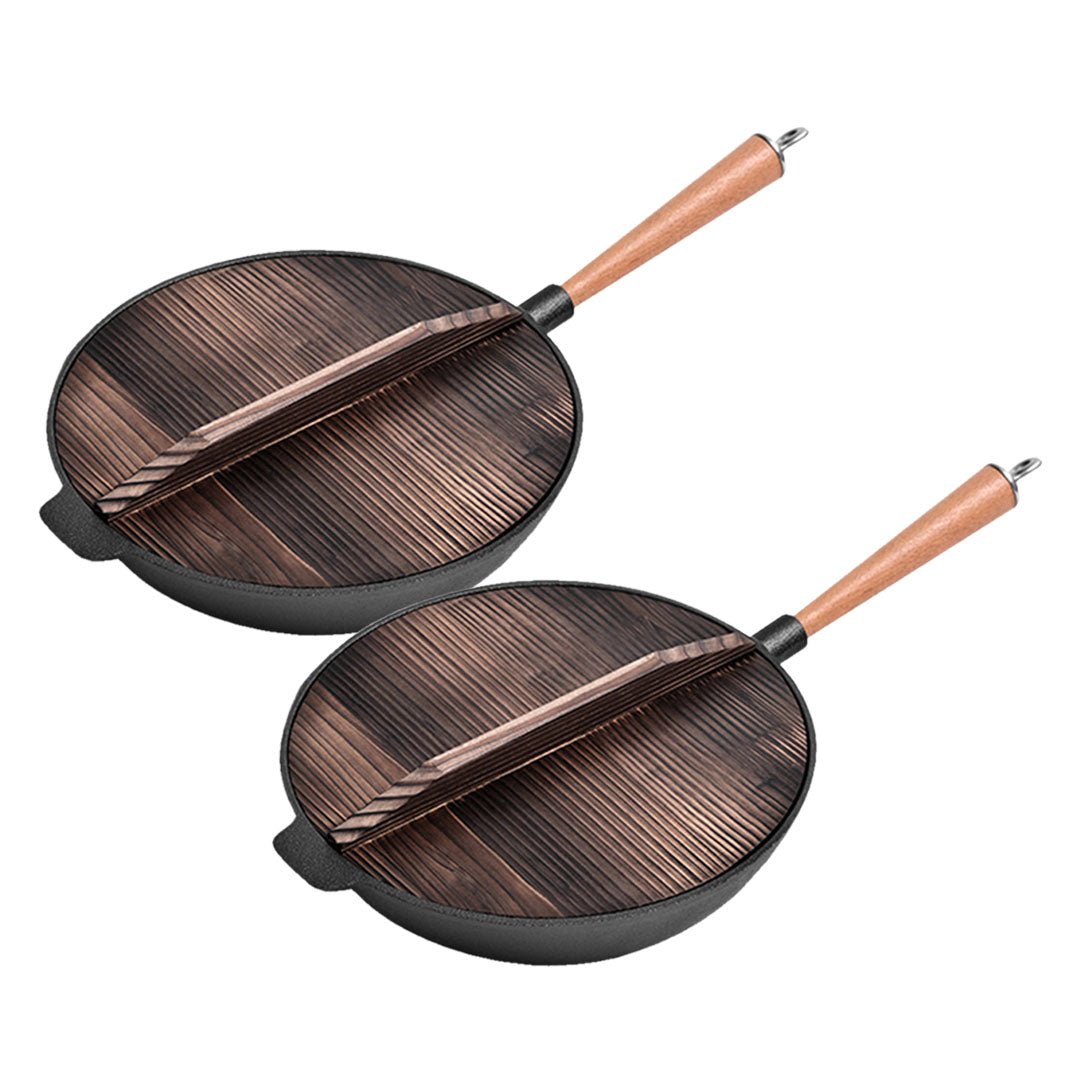 SOGA 2X 31cm Commercial Cast Iron Wok FryPan Fry Pan with Wooden Lid - Outdoorium