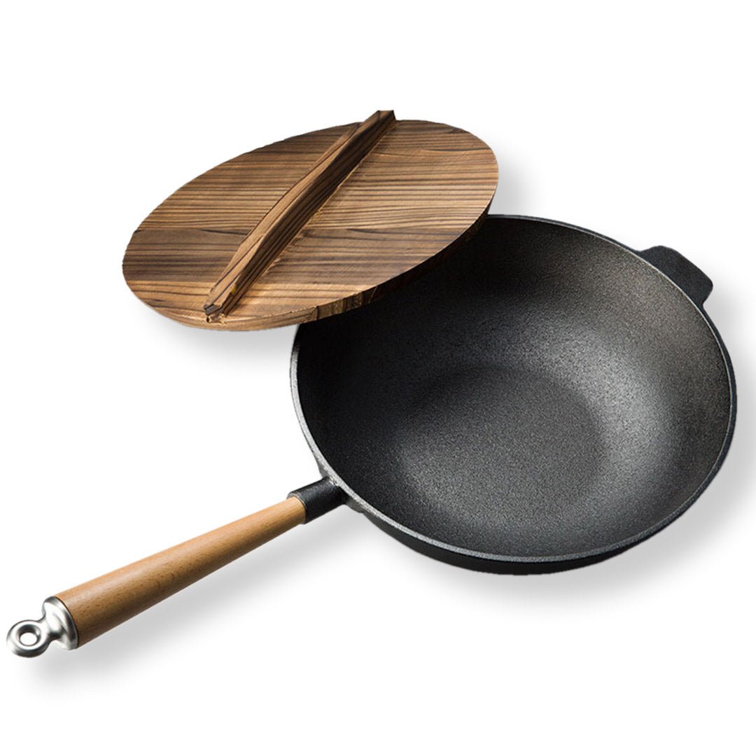SOGA 2X 31cm Commercial Cast Iron Wok FryPan Fry Pan with Wooden Lid - Outdoorium