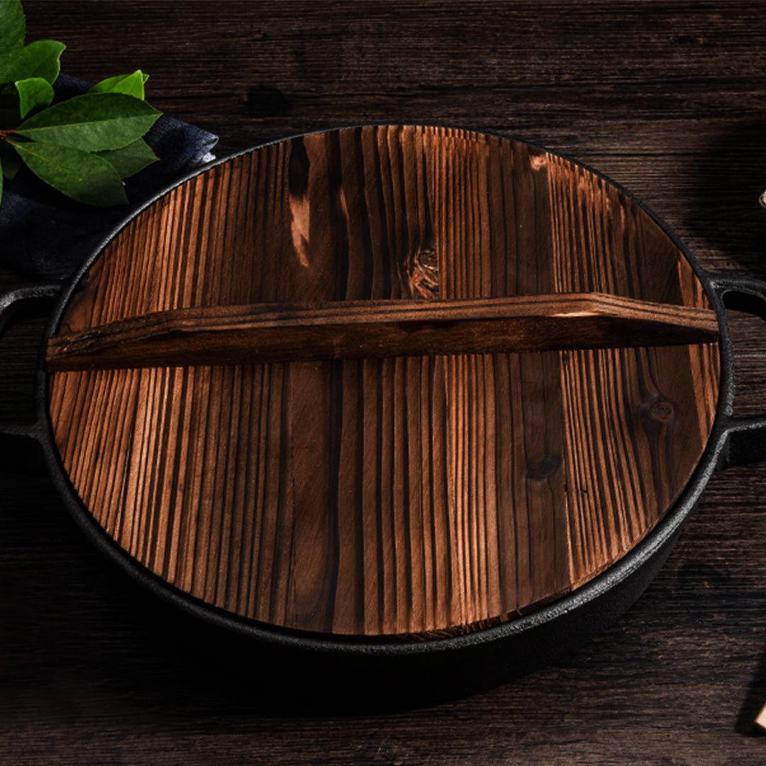 SOGA 2X 33cm Round Cast Iron Pre-seasoned Deep Baking Pizza Frying Pan Skillet with Wooden Lid - Outdoorium