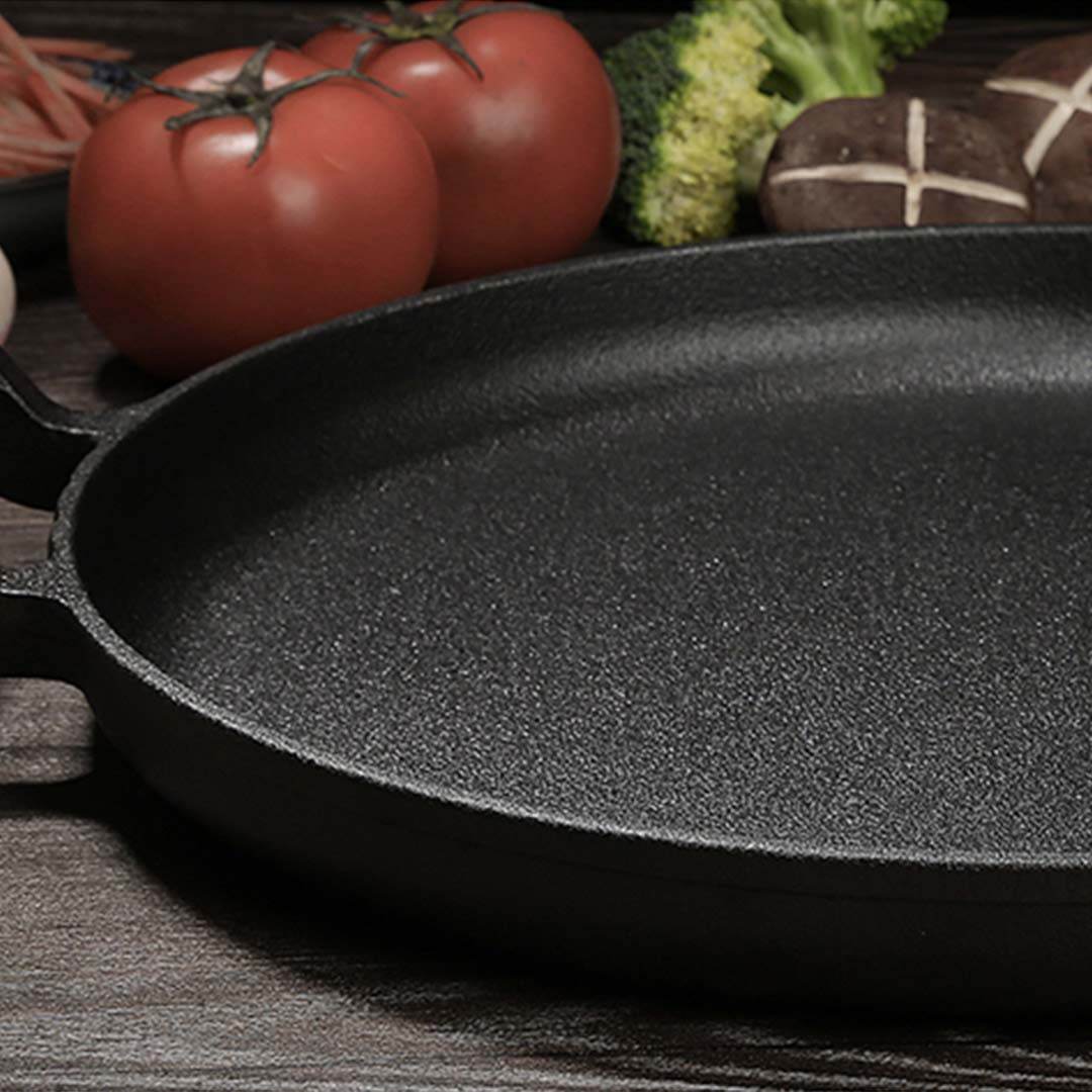 SOGA 2X 35cm Cast Iron Frying Pan Skillet Steak Sizzle Fry Platter With Wooden Handle No Lid - Outdoorium