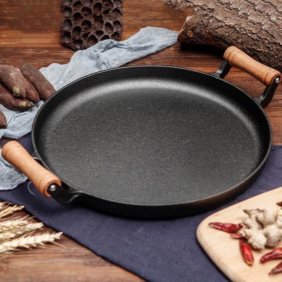 SOGA 2X 35cm Cast Iron Frying Pan Skillet Steak Sizzle Fry Platter With Wooden Handle No Lid - Outdoorium