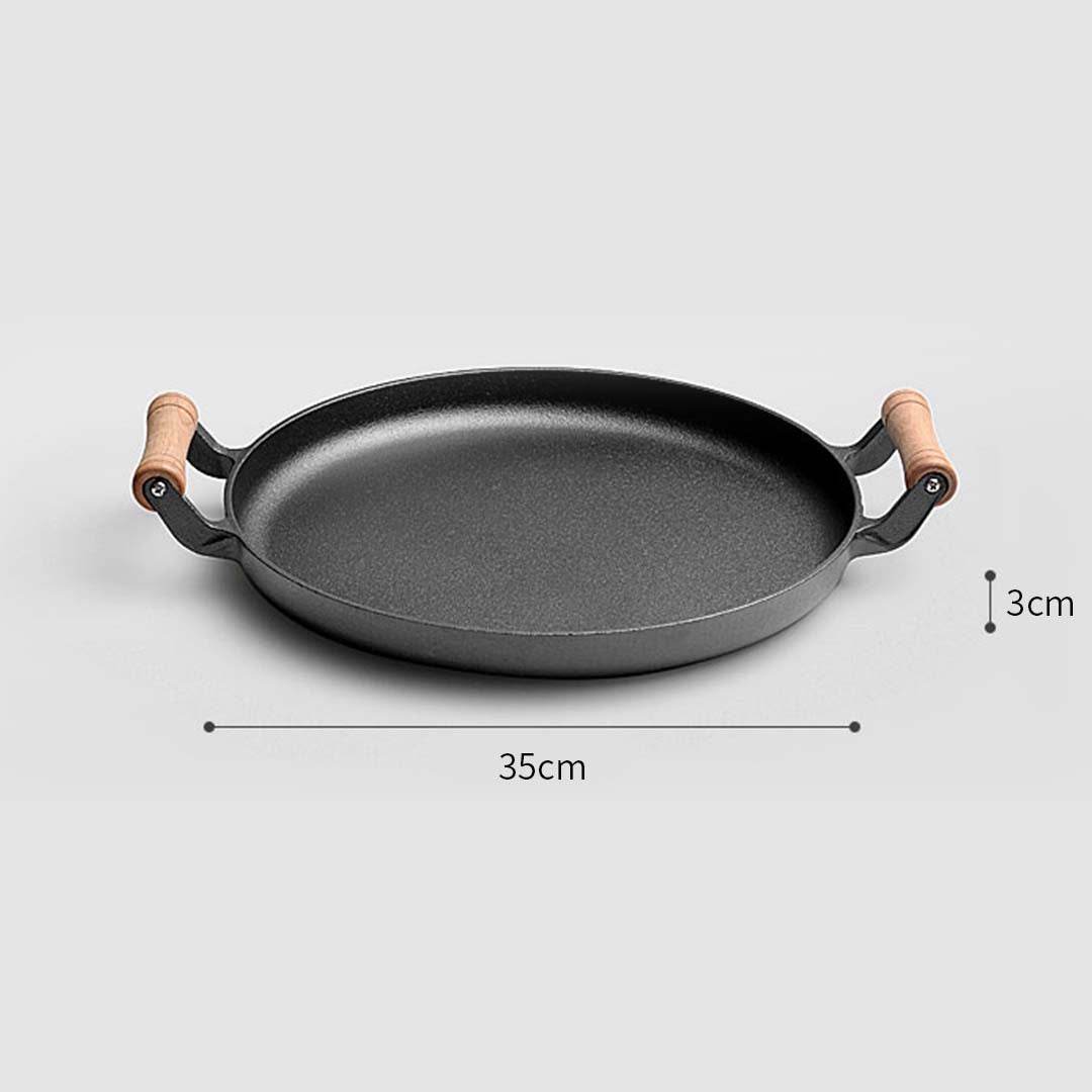 SOGA 2X 35cm Cast Iron Frying Pan Skillet Steak Sizzle Fry Platter With Wooden Handle No Lid - Outdoorium