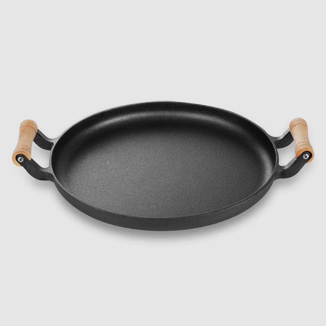 SOGA 2X 35cm Cast Iron Frying Pan Skillet Steak Sizzle Fry Platter With Wooden Handle No Lid - Outdoorium