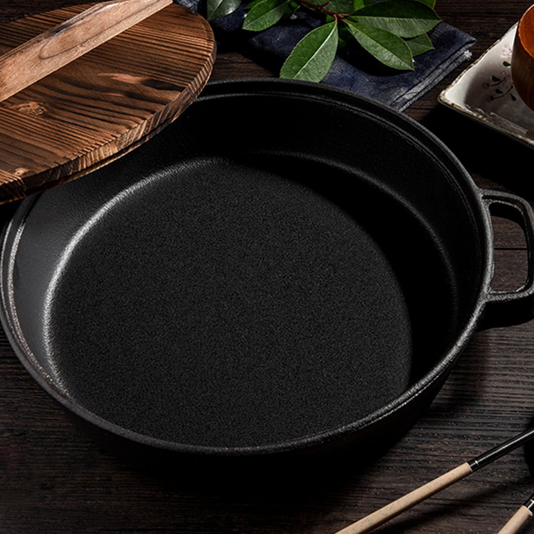 SOGA 2X 35cm Round Cast Iron Pre-seasoned Deep Baking Pizza Frying Pan Skillet with Wooden Lid - Outdoorium