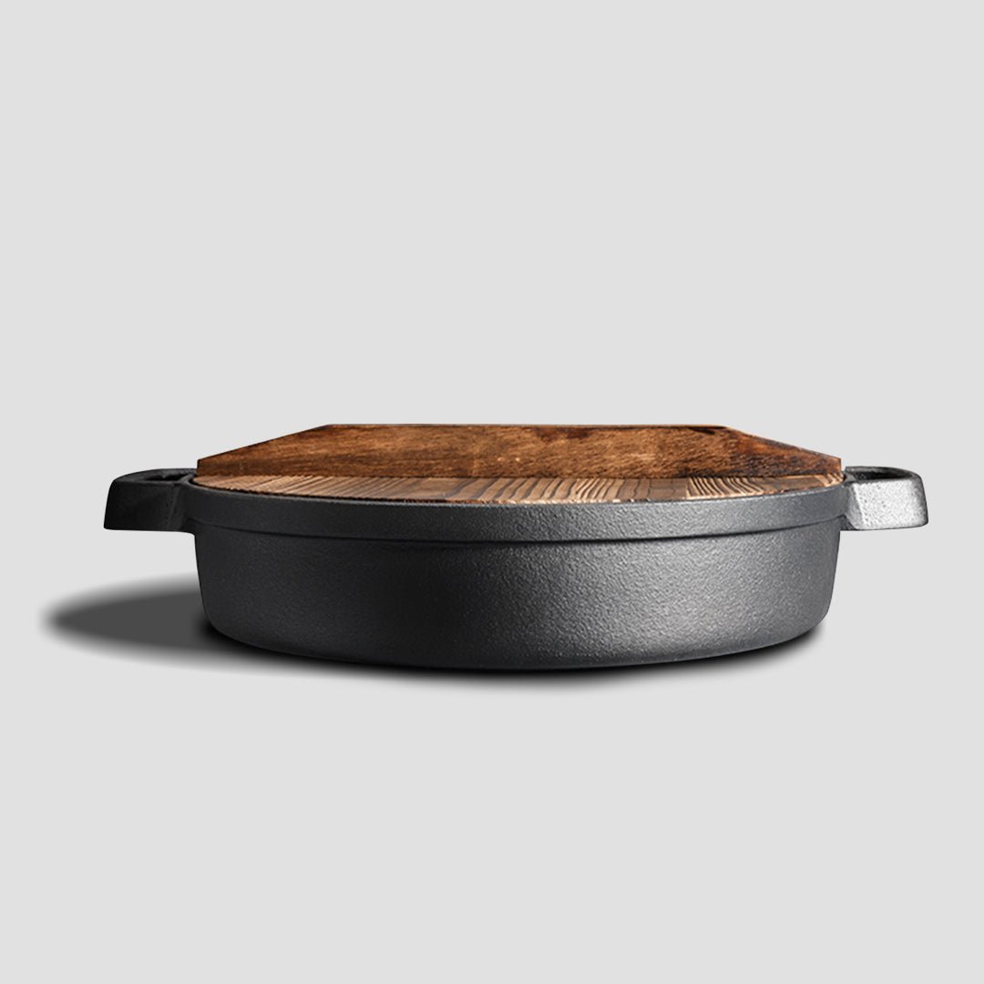 SOGA 2X 35cm Round Cast Iron Pre-seasoned Deep Baking Pizza Frying Pan Skillet with Wooden Lid - Outdoorium