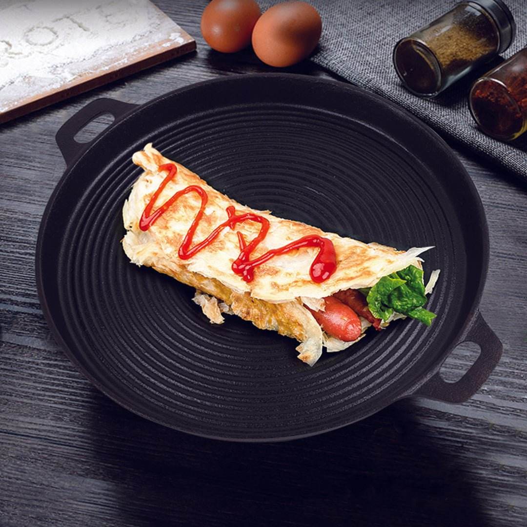 SOGA 2X 35cm Round Ribbed Cast Iron Frying Pan Skillet Steak Sizzle Platter with Handle | Outdoorium