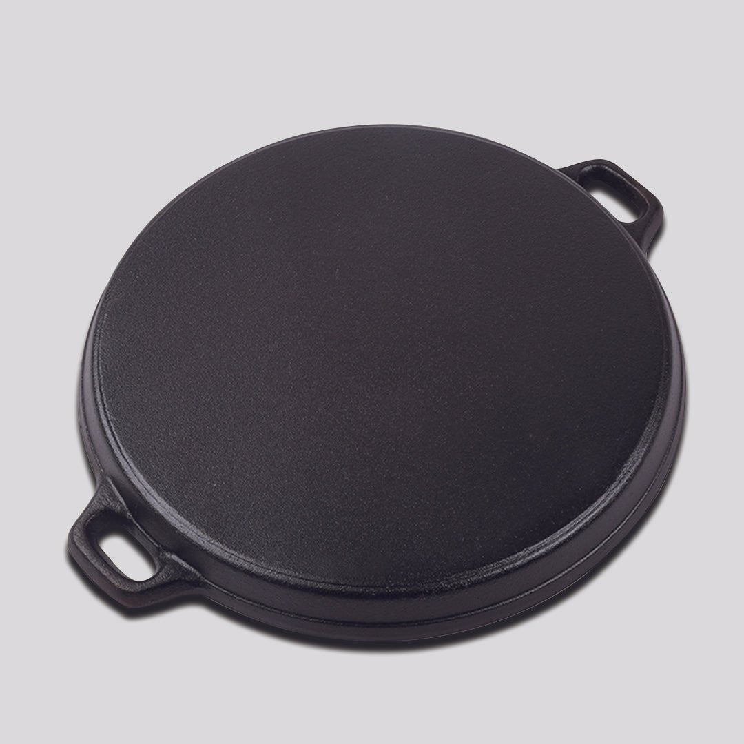 SOGA 2X 35cm Round Ribbed Cast Iron Frying Pan Skillet Steak Sizzle Platter with Handle - Outdoorium