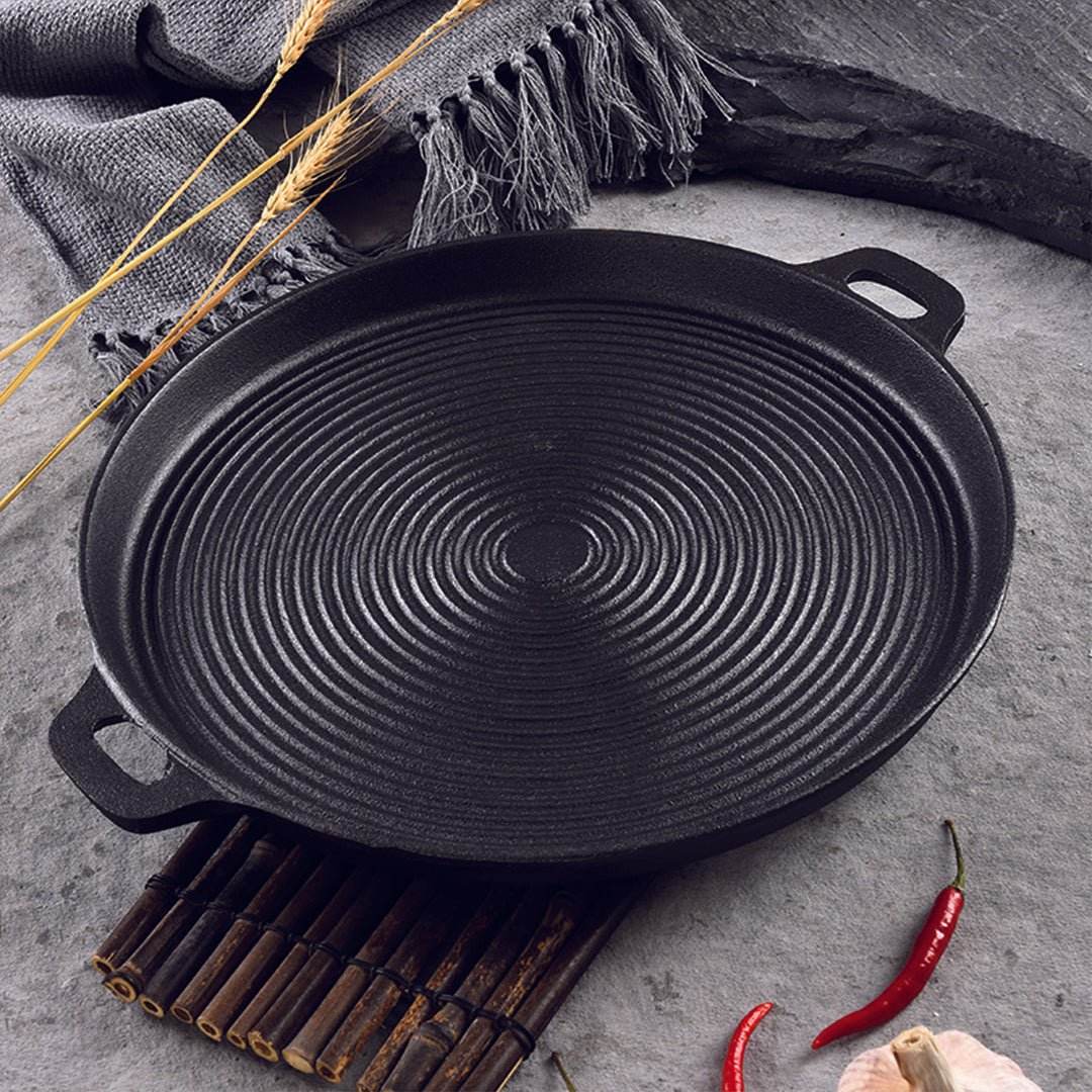 SOGA 2X 35cm Round Ribbed Cast Iron Frying Pan Skillet Steak Sizzle Platter with Handle | Outdoorium