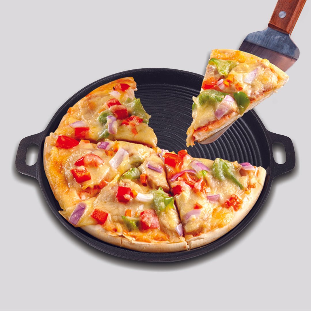 SOGA 2X 35cm Round Ribbed Cast Iron Frying Pan Skillet Steak Sizzle Platter with Handle - Outdoorium