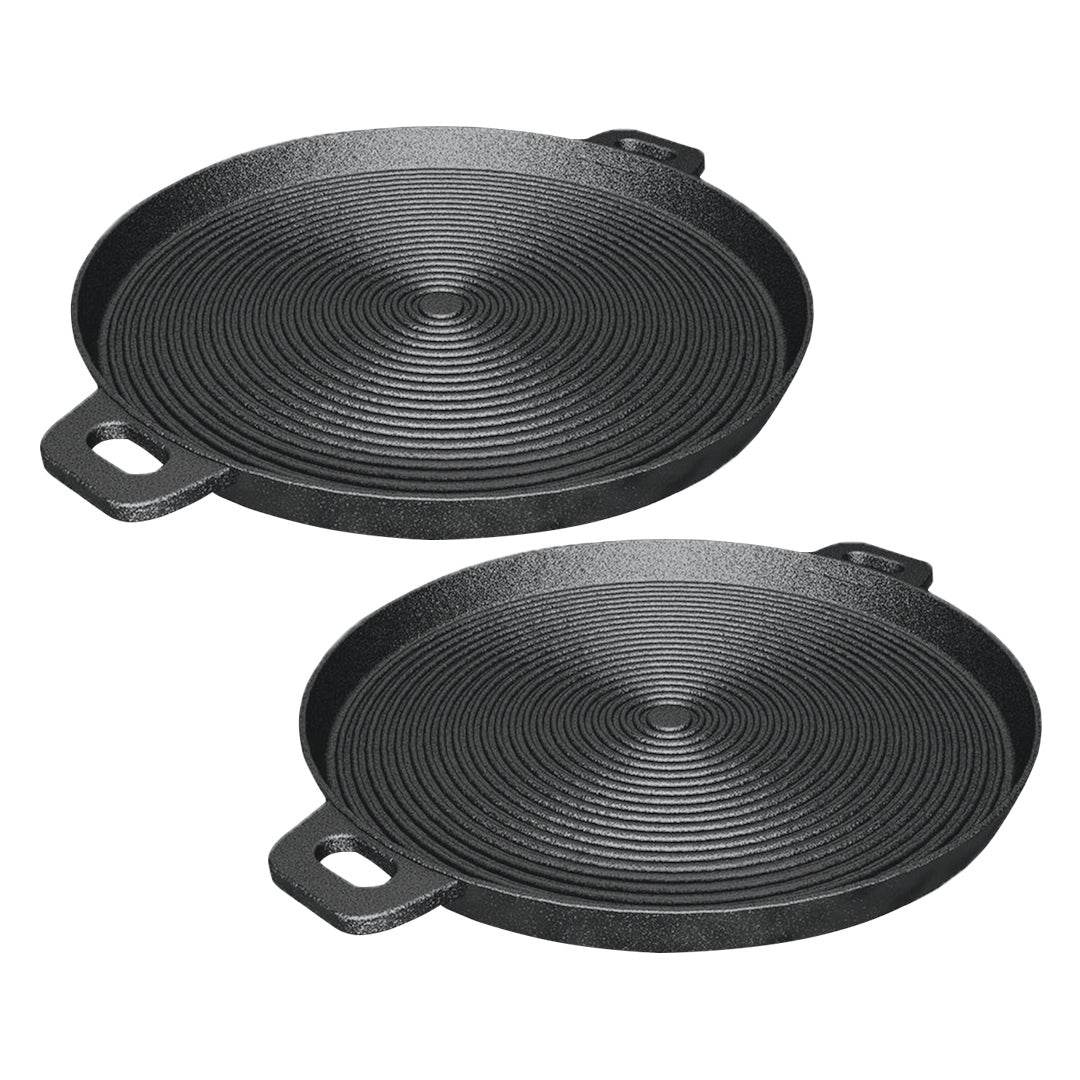 SOGA 2X 35cm Round Ribbed Cast Iron Frying Pan Skillet Steak Sizzle Platter with Handle | Outdoorium