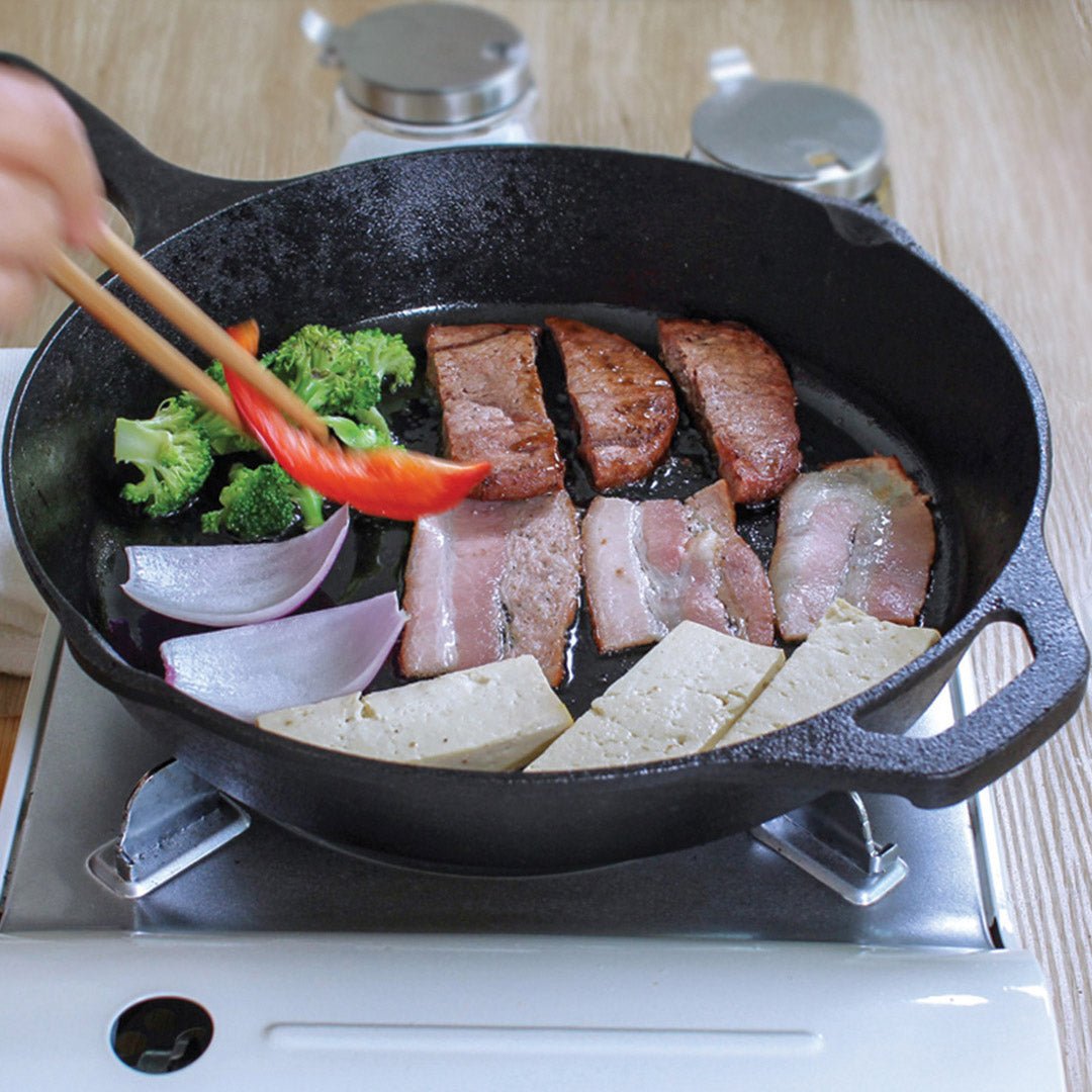 SOGA 30cm Round Cast Iron Frying Pan Skillet Steak Sizzle Platter with Helper Handle - Outdoorium