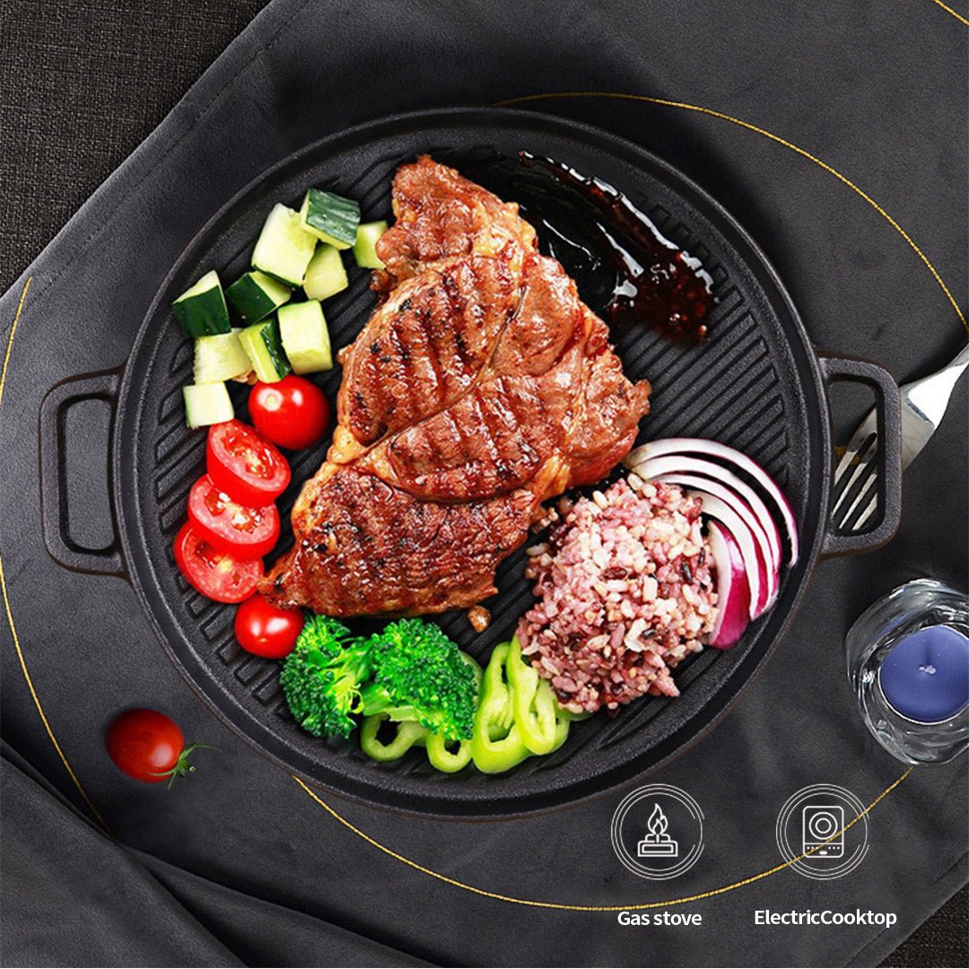 SOGA 30cm Round Cast Iron Ribbed BBQ Pan Skillet Steak Sizzle Platter with Handle - Outdoorium