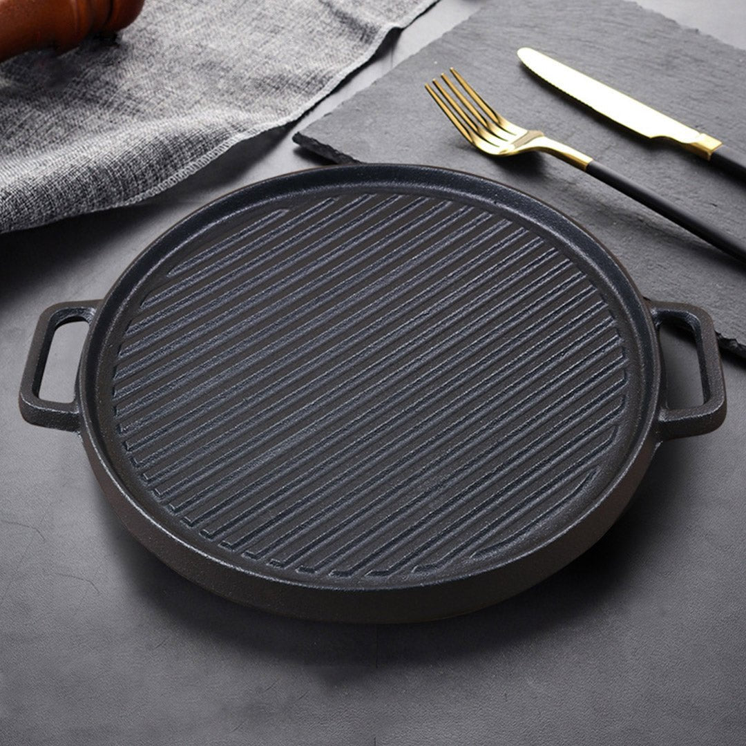 SOGA 30cm Round Cast Iron Ribbed BBQ Pan Skillet Steak Sizzle Platter with Handle - Outdoorium